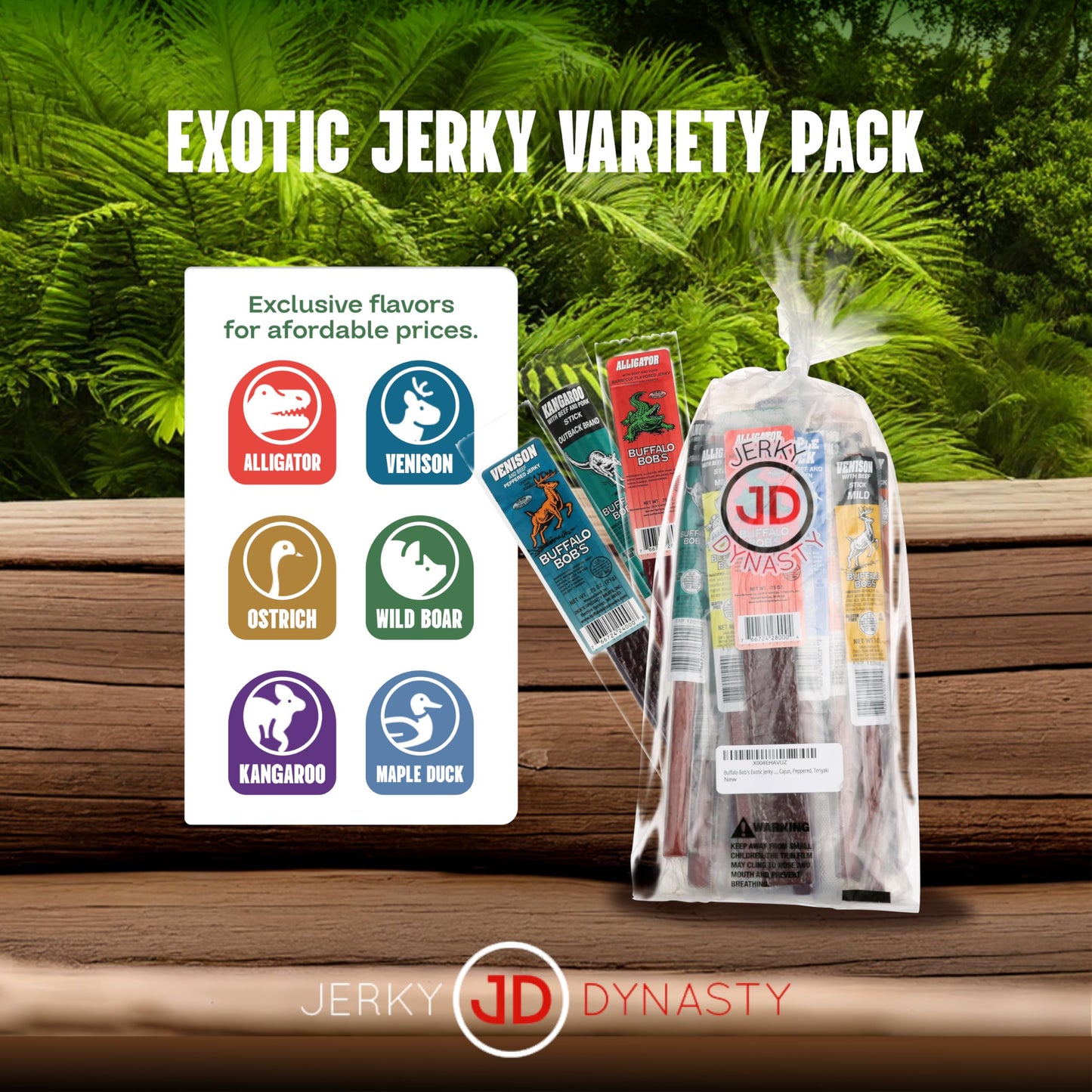 Buffalo Bob's Exotic Jerky Set- Staff Favorite 20 Piece Assortment: Alligator, Buffalo, Venison, Wild Boar, Duck, Elk - BBQ, Cajun, Peppered, Teriyaki