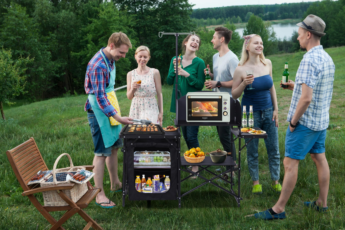 Nice C Camping Kitchen Station, Camping Table, Picnic Table, Grill Table, Folding Table, Upgrade Light Stand and Windshield Cooking Station & Organizers, Carry Bag for Beach, Picnic (Black)