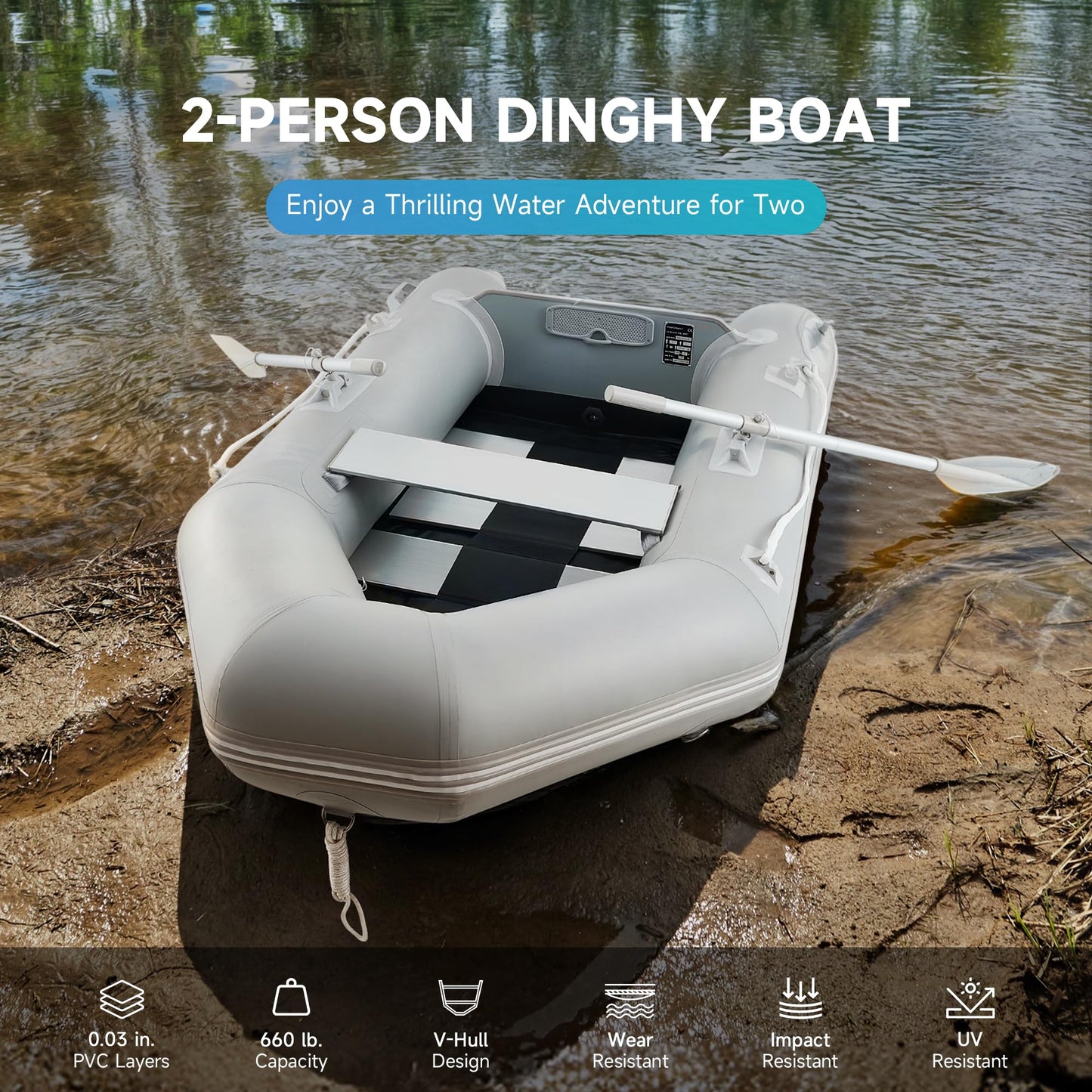 CO-Z 7.5ft Heavy Duty Inflatable Boat with Aluminum Floor & Oars - 2 Person 660lb Capacity Dinghy for Fishing/Towing | Includes Pump & Transom for Kayak, Lake & Ocean