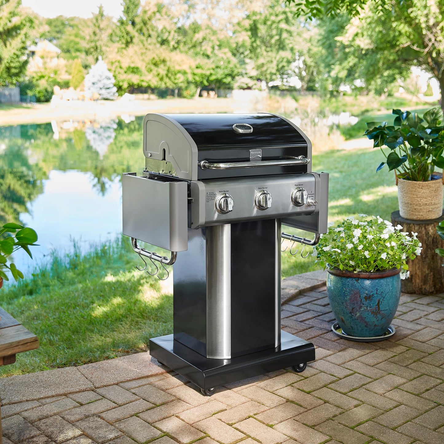 Kenmore 3-Burner Propane BBQ Grill, 30,000 BTUs Gas Grill with Cast Iron Cooking Grates, Folding Side Tables & Wheels, Outdoor Grill with Tool Hooks, Azure Blue