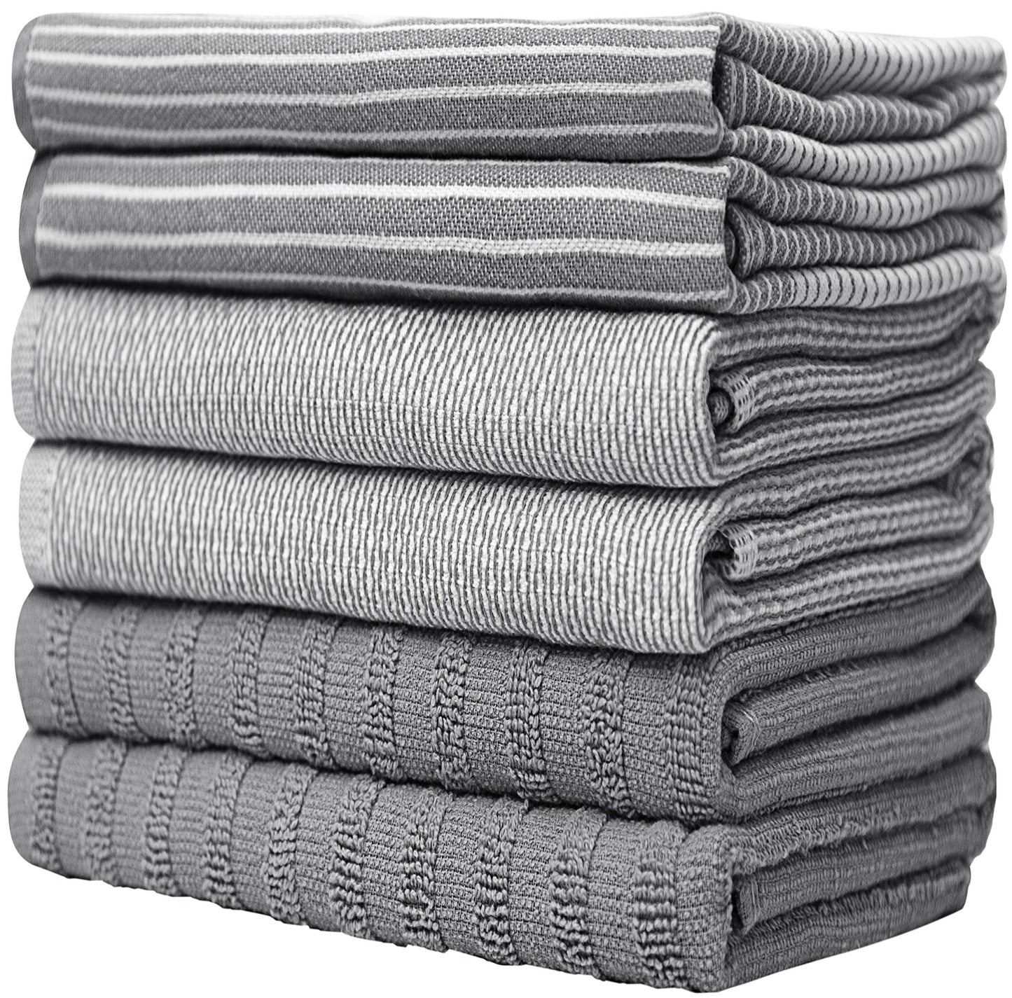 Premium Kitchen Towels (20”x 28”, 6 Pack) | Large Cotton Dish Towels | Flat & Terry Highly Absorbent Kitchen Linen Set with Hanging Loop | Gray