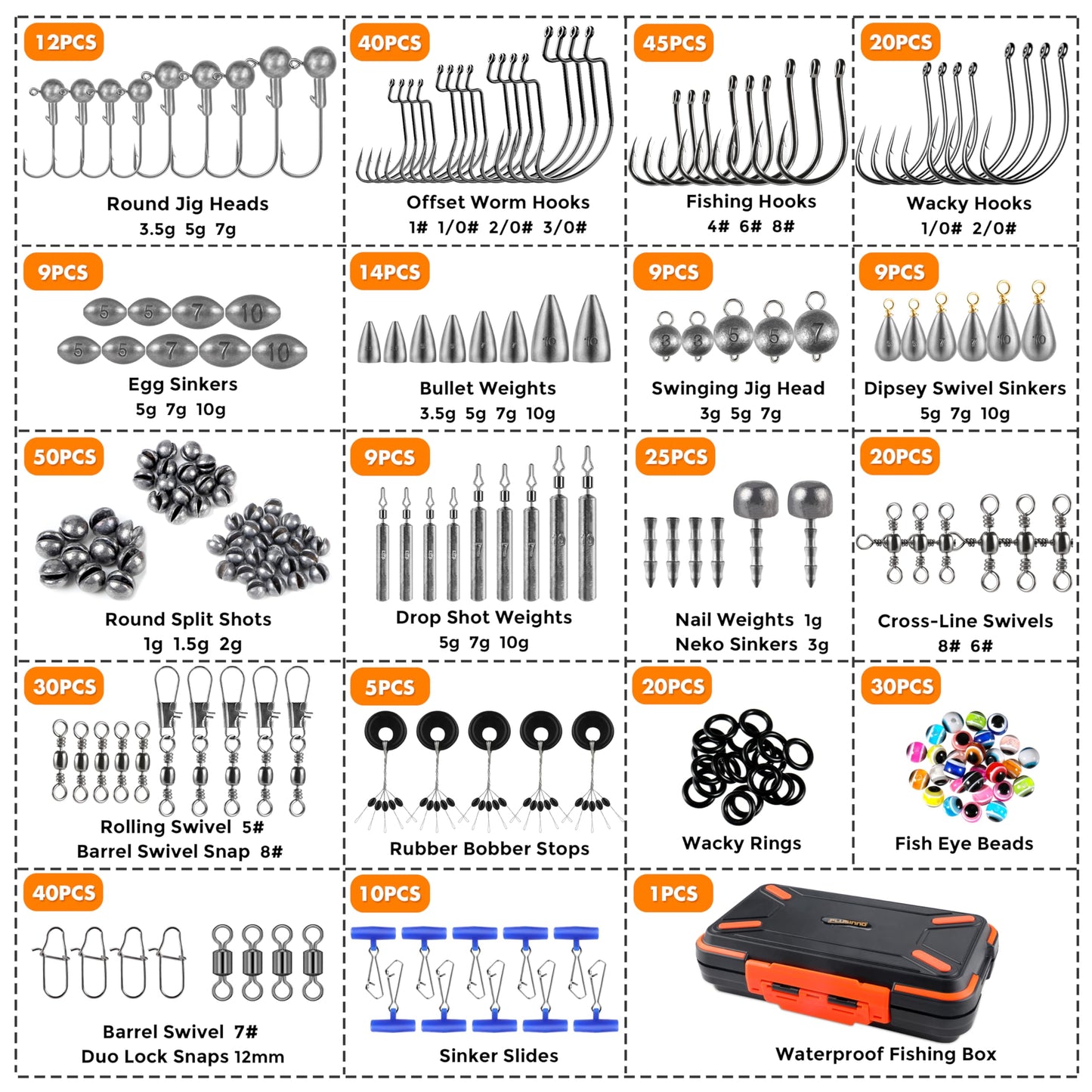 PLUSINNO 264/397pcs Fishing Accessories Kit, Organized Fishing Tackle Box with Tackle Included, Fishing Hooks, Fishing Weights Sinkers, Swivels, Beads, Fishing Gear Set Equipment for Bass Trout