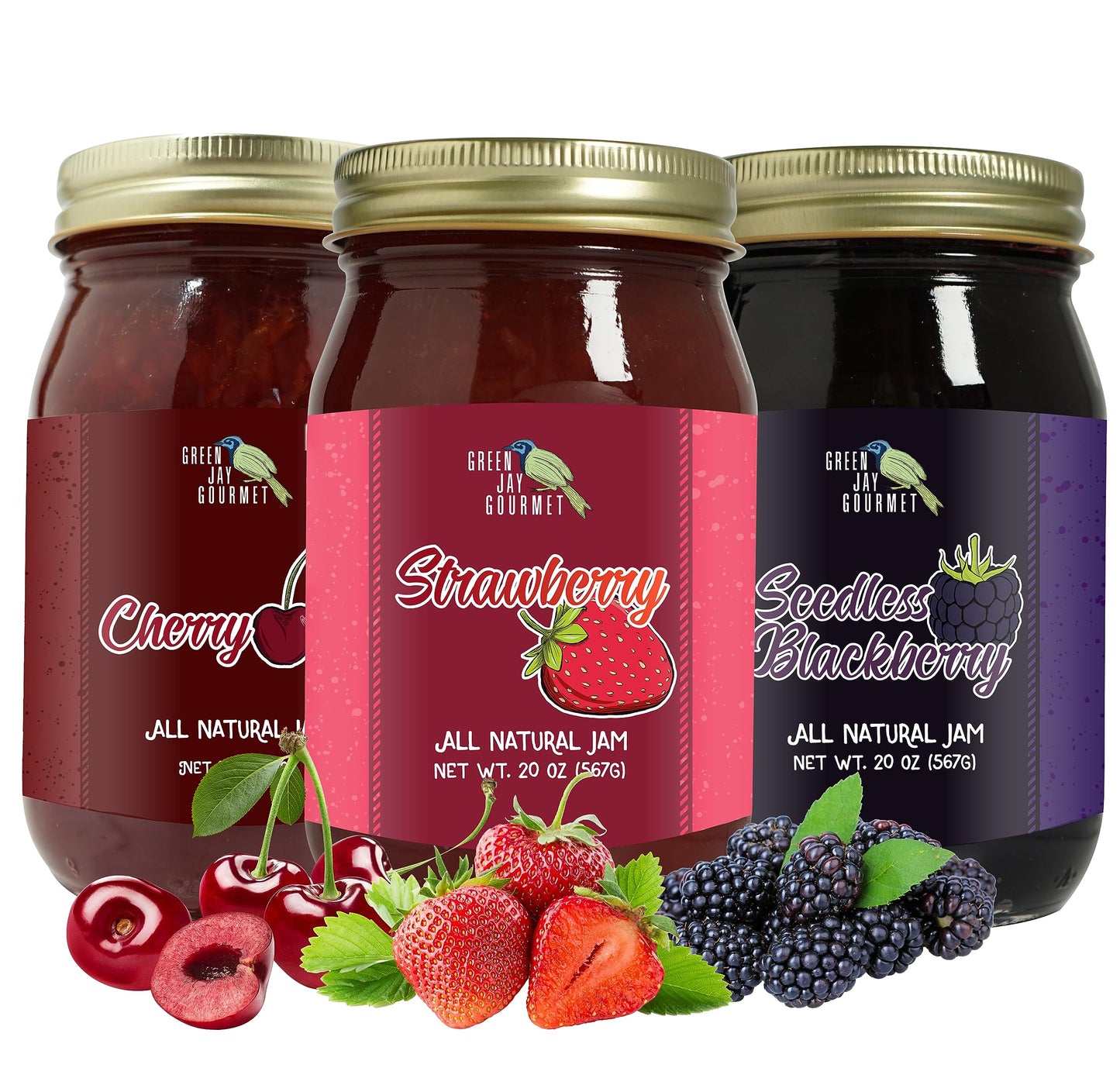 Green Jay Gourmet Spicy Jam Variety Pack - All-Natural Raspberry Jalapeno Jam, Strawberry Jalapeno Jam, Blackberry Jalapeno Jam - Vegan, Gluten-free Jam - No Preservatives - USA Made - 3 x 20 Ounces