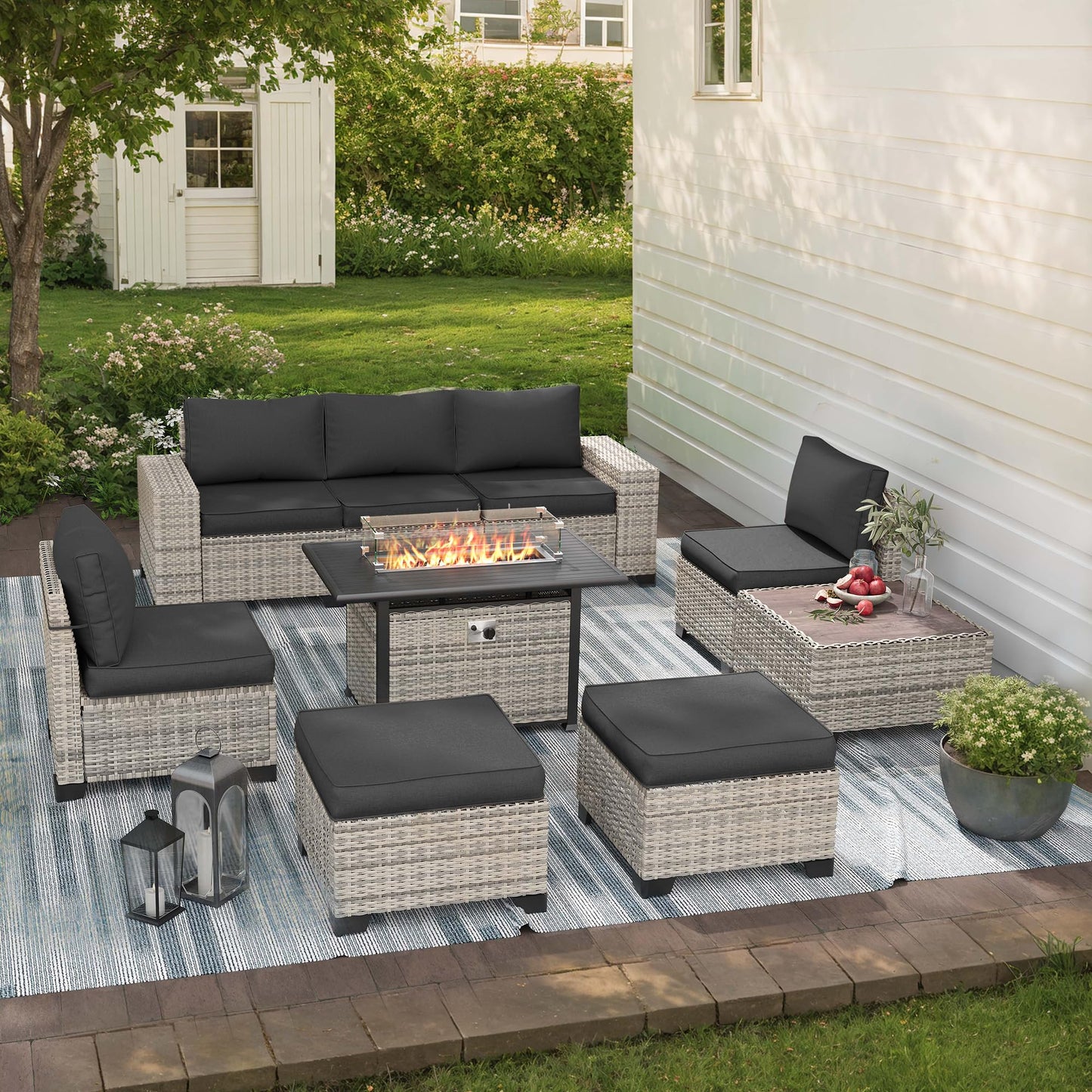 6-Piece Outdoor Patio Furniture Set Wicker Sectional Sofa Set, Patio Conversation Set with Thickened Cushions & Coffee Table for Garden, Backyard, Poolside, Beige