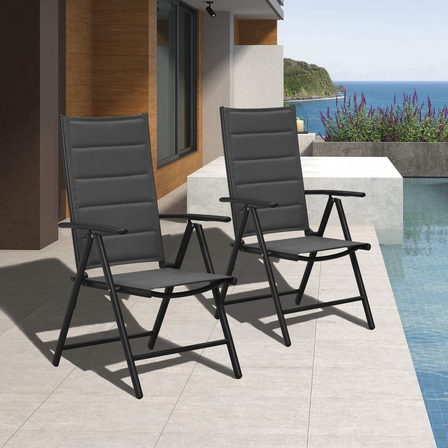 PURPLE LEAF 9 Pieces Outdoor Patio Dining Set with 8 Folding Portable Chairs and 1 Rectangle Aluminum Table, Foldable Adjustable High Back Reclining Chairs with Soft Cotton-Padded Seat, Grey