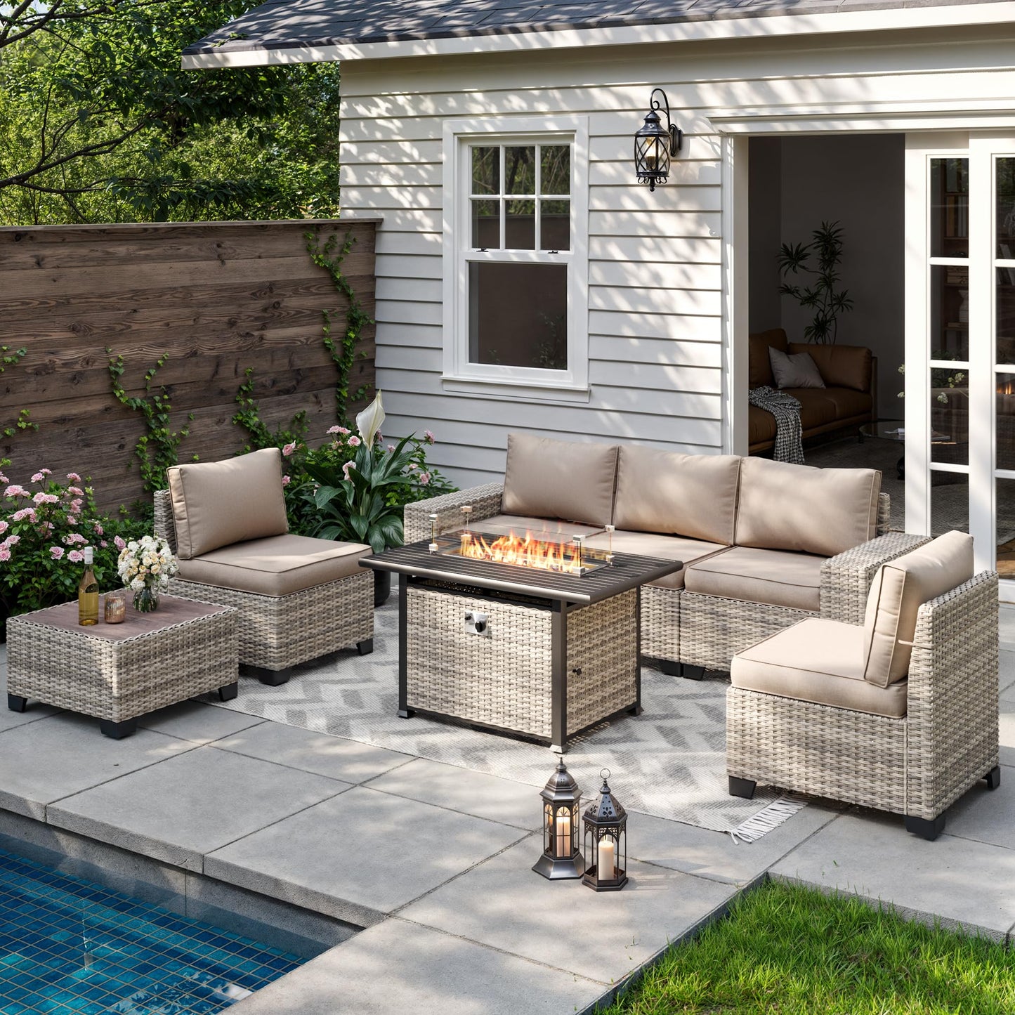 6-Piece Outdoor Patio Furniture Set Wicker Sectional Sofa Set, Patio Conversation Set with Thickened Cushions & Coffee Table for Garden, Backyard, Poolside, Beige