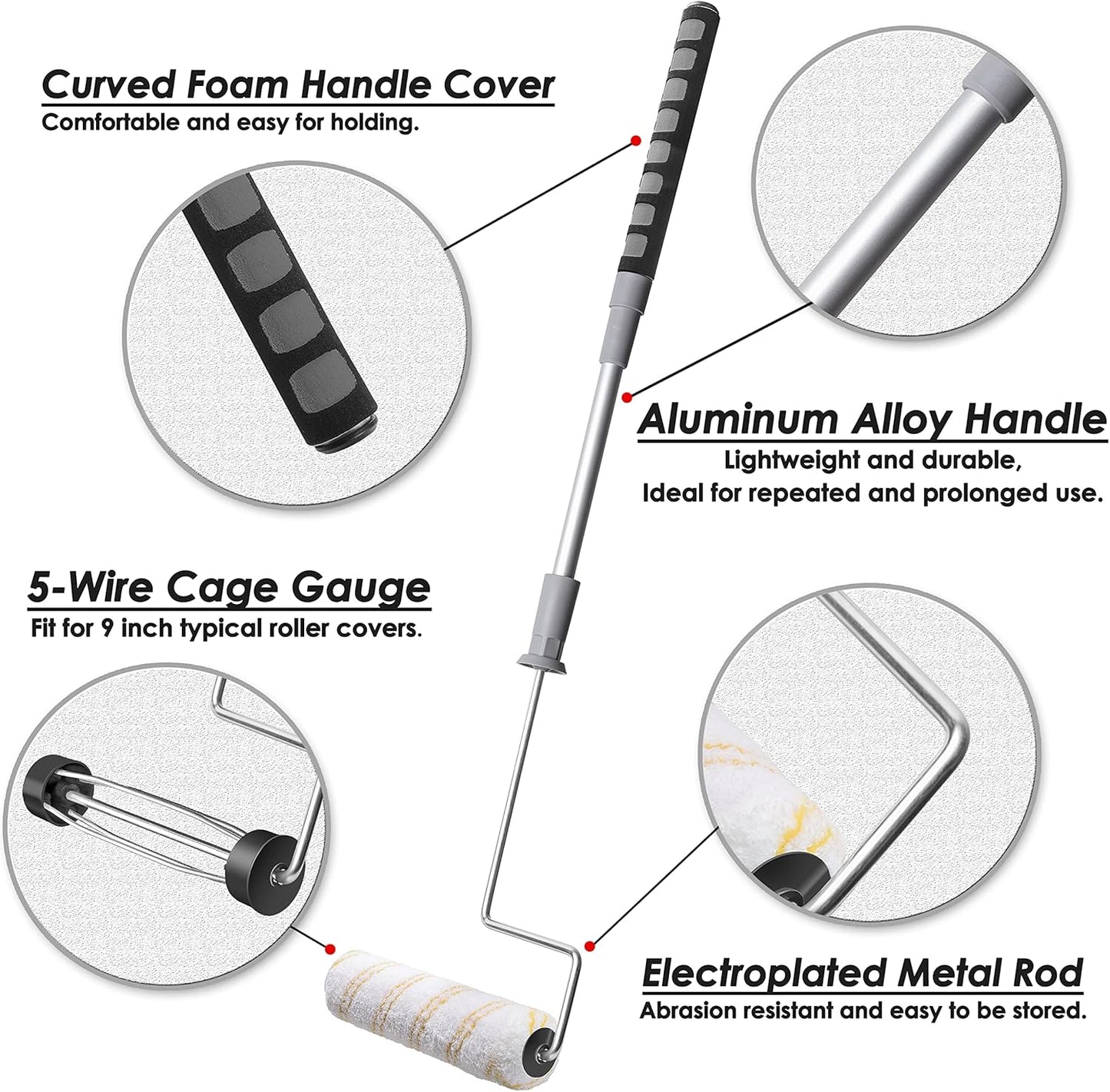 6pcs House Paint Roller Kit, PinStone 9 inch Extendable Roller Frame with 5 Microfiber Replacement Covers, Adjustable Painting Roller (18" - 36"), Home Painting Supplies for Painting Walls & Ceilings
