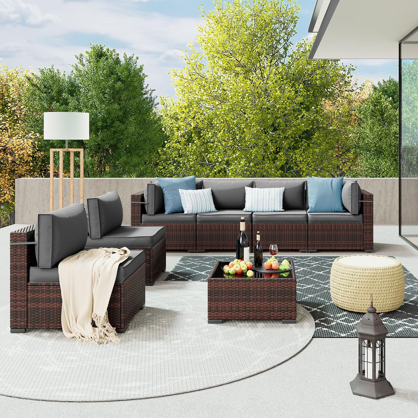Amopatio Patio Furniture Sets, 7 Pieces Outdoor Rattan Sectional Sofa Set with Glass Table and Cushions, Wicker Patio Conversation Set for Outdoor Indoor Backyard Lawn Garden Porch (Grey)