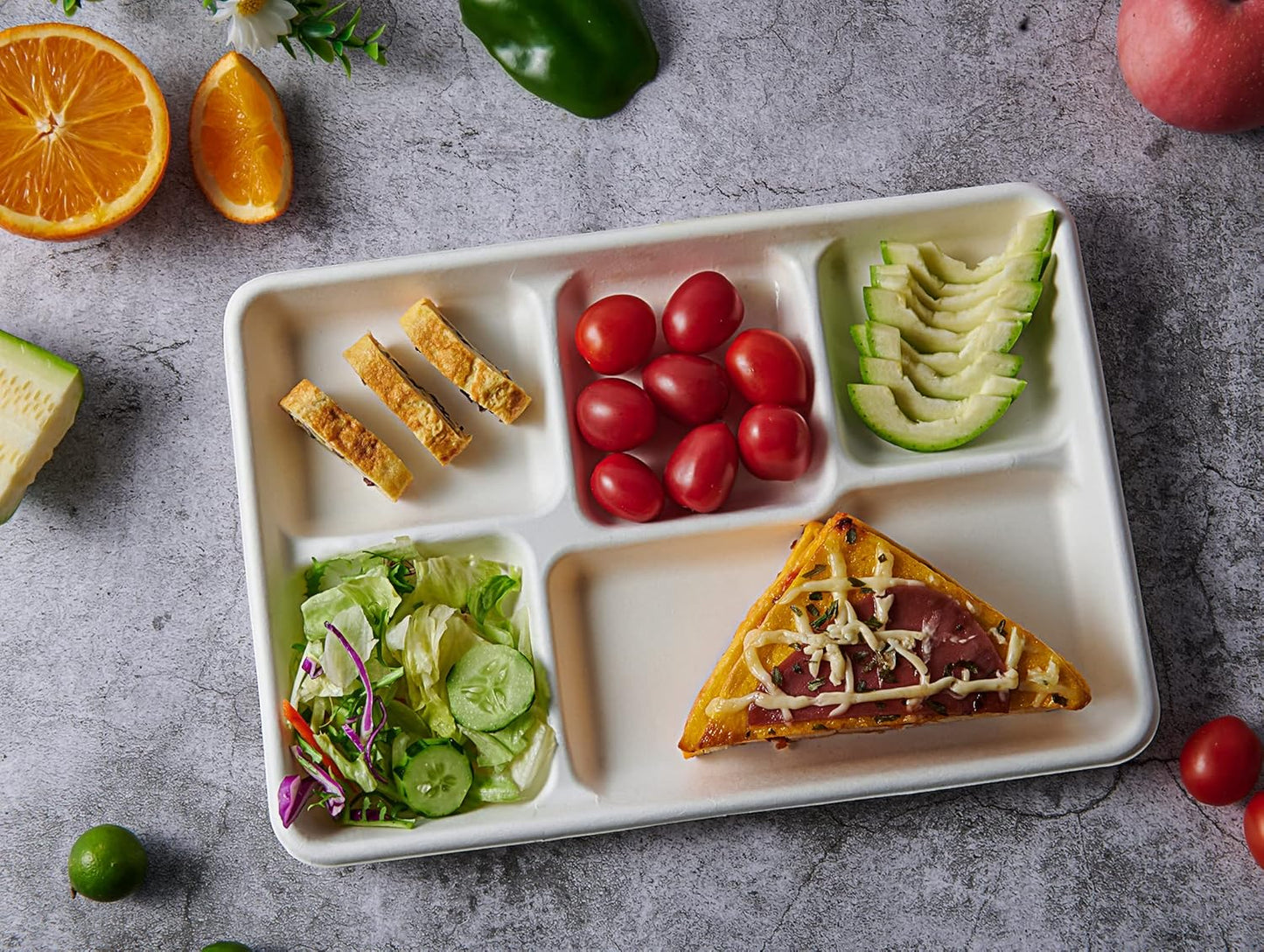 Vplus 100% Compostable 5 Compartment Paper Plates, 100 Pack, 12.5 x 8.6 inch Disposable School Lunch Trays, Eco-Friendly Bagasse Plates for Buffet, and Party