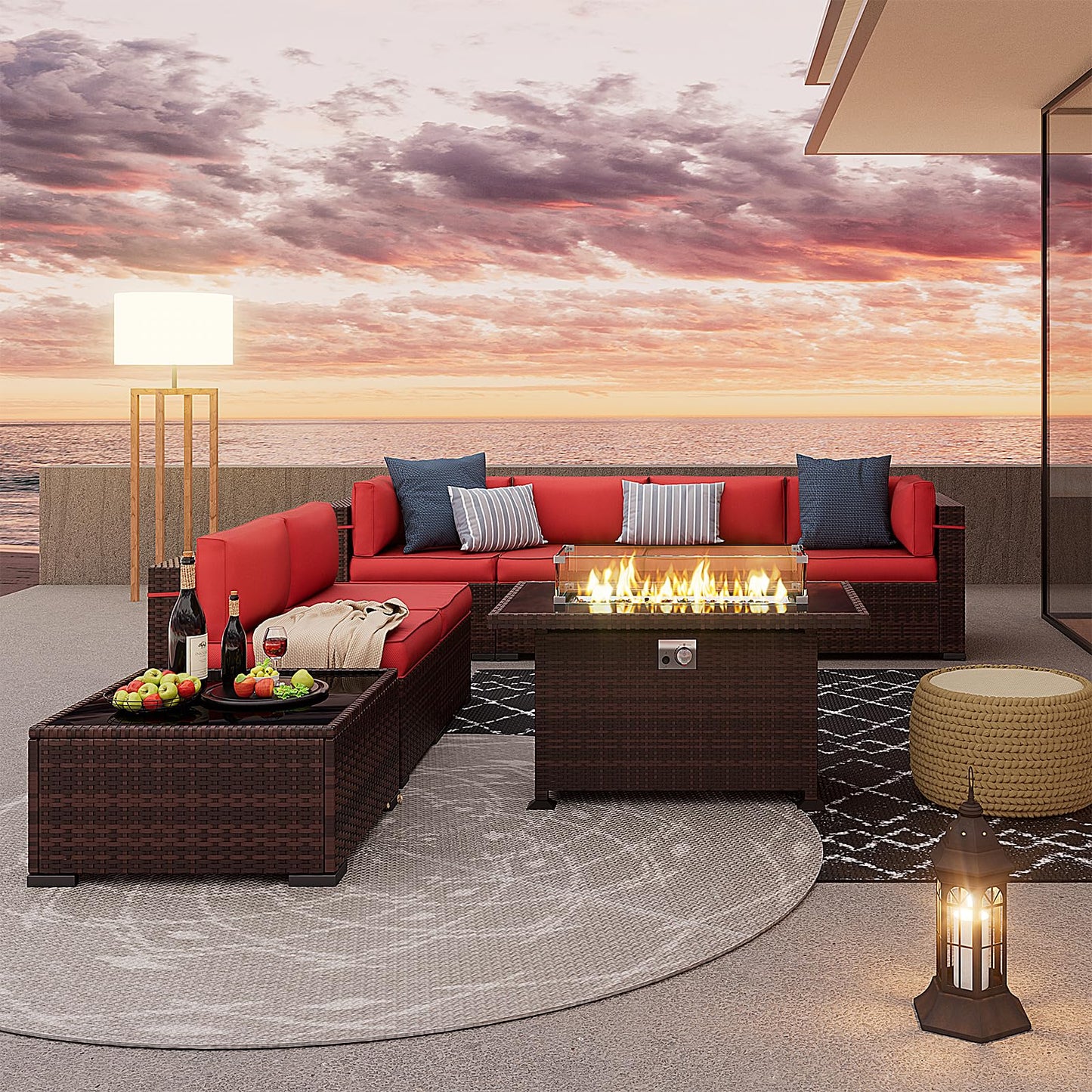 Amopatio Patio Furniture Sets, 7 Pieces Outdoor Rattan Sectional Sofa Set with Glass Table and Cushions, Wicker Patio Conversation Set for Outdoor Indoor Backyard Lawn Garden Porch (Grey)