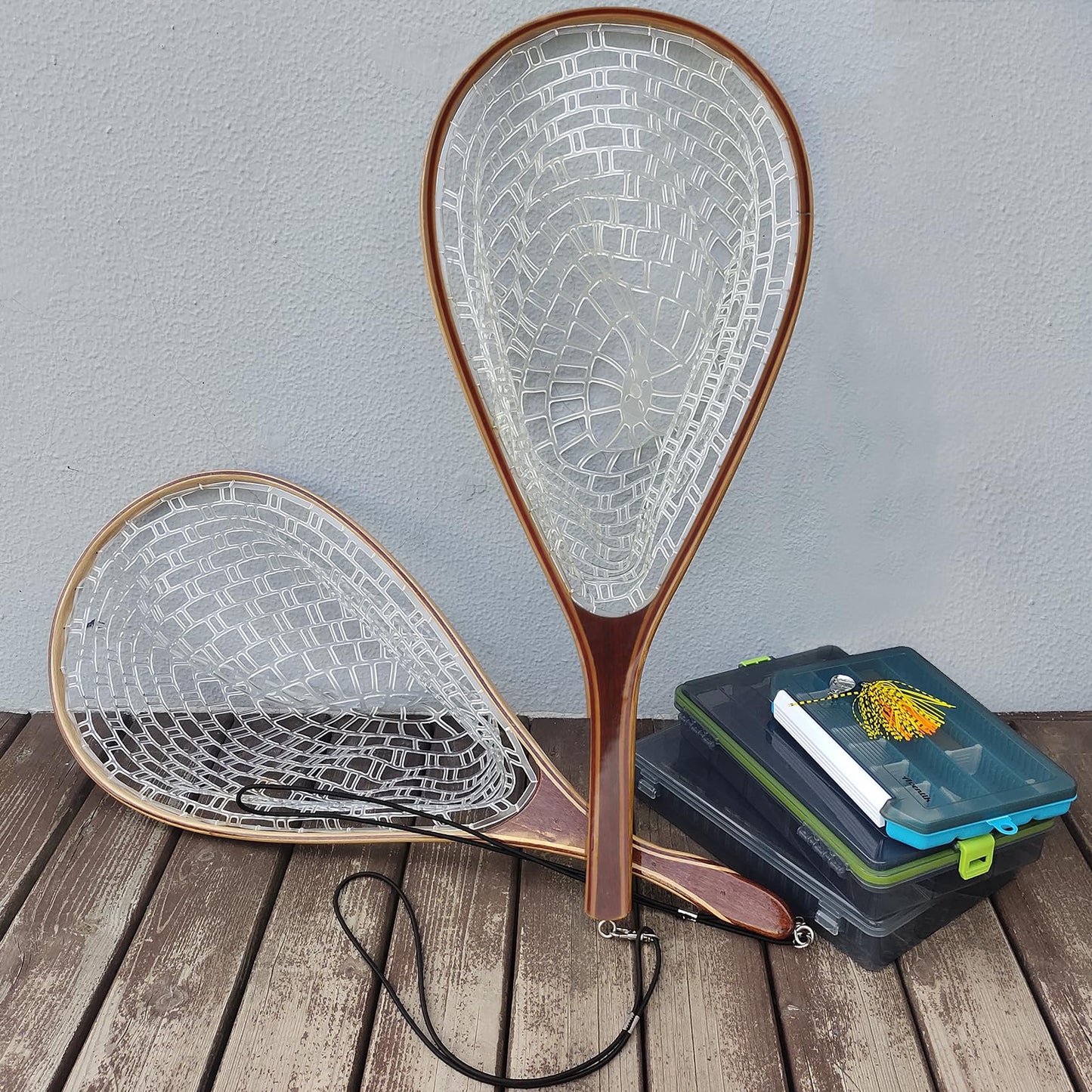 Aventik Wooden Fly Fishing Landing Net with Rubber Ghost Mesh and Magnetic Release - Catch & Release Friendly