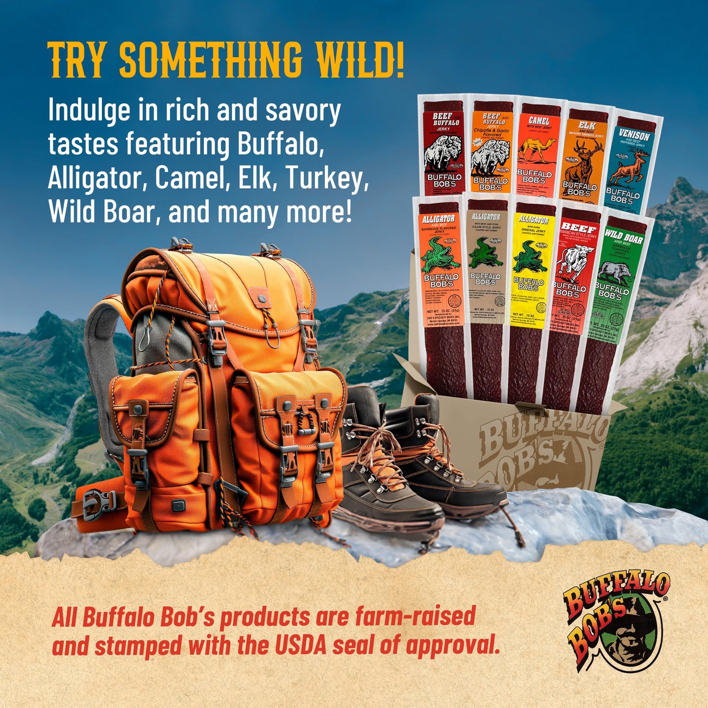 Buffalo Bob's Exotic Jerky (10-Pack), 10 Flavor Variety Pack of Snack Sticks, Wild Game Beef Gifts for Men