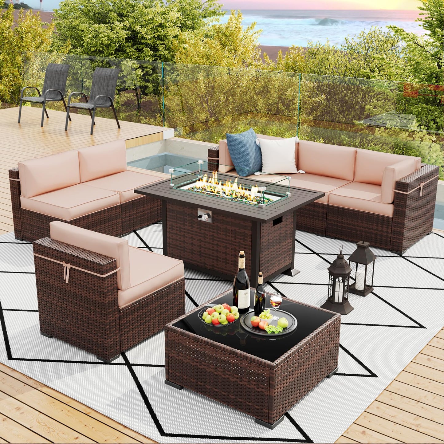 Amopatio Patio Furniture Sets, 7 Pieces Outdoor Rattan Sectional Sofa Set with Glass Table and Cushions, Wicker Patio Conversation Set for Outdoor Indoor Backyard Lawn Garden Porch (Grey)