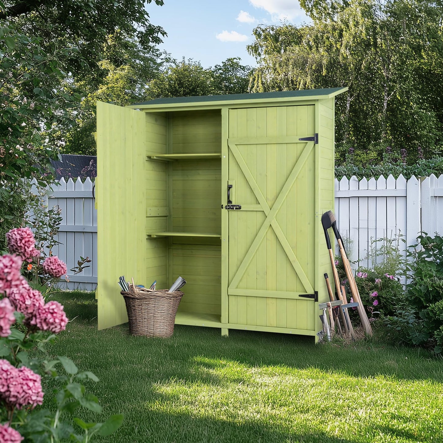 VINGLI Upgraded Outdoor Wooden Storage Shed, Extra Large Garden Shed Outside Tool Cabinet with 2 Safety Latches, Patio Storage Organizer for Garden Yard Lawn Equipment, Teak