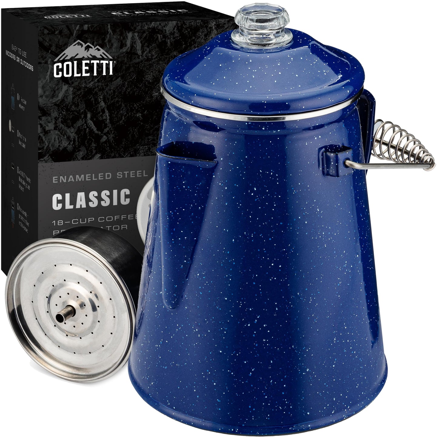 COLETTI Classic Percolator Coffee Pot — Coffee Percolator, Camping Kettle – The Original Camping Coffee Pot, Now Modernized – For Campsite Brewmasters Everywhere [Black Enamel, 12 Cup]
