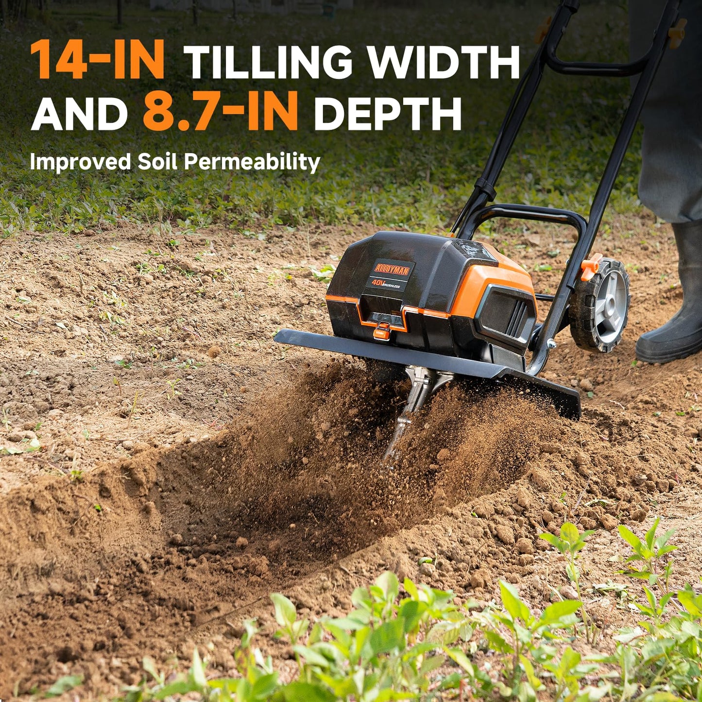 Alloyman 20V Cordless Tiller Cultivator, 360RPM Electric Garden Tiller, with 2 * 2.0Ah Batteries & Charger, 9In Tilling Width and 6.6In Depth Garden Rototiller for Lawn/Gardening/Soil Cultivation