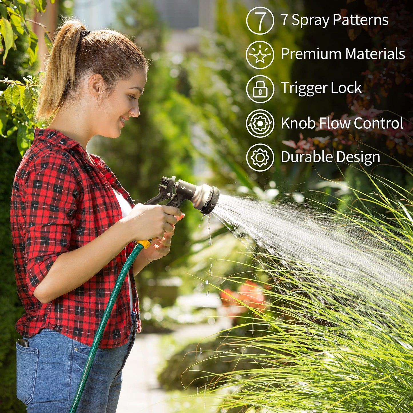 AUTOMAN-Garden-Hose-Nozzle, ABS Water Spray Nozzle with 7 Adjustable Watering Patterns, Slip Resistant for Watering Plants, Lawn& Garden, Washing Cars, Cleaning, Showering Pets & Outdoor Fun.