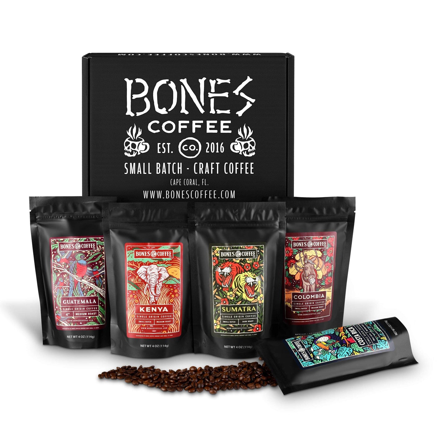 Bones Coffee Company World Tour Coffee Gift Set, 5 Packs Flavored Coffee, Medium Roast Low Acid, 4 Oz Ground