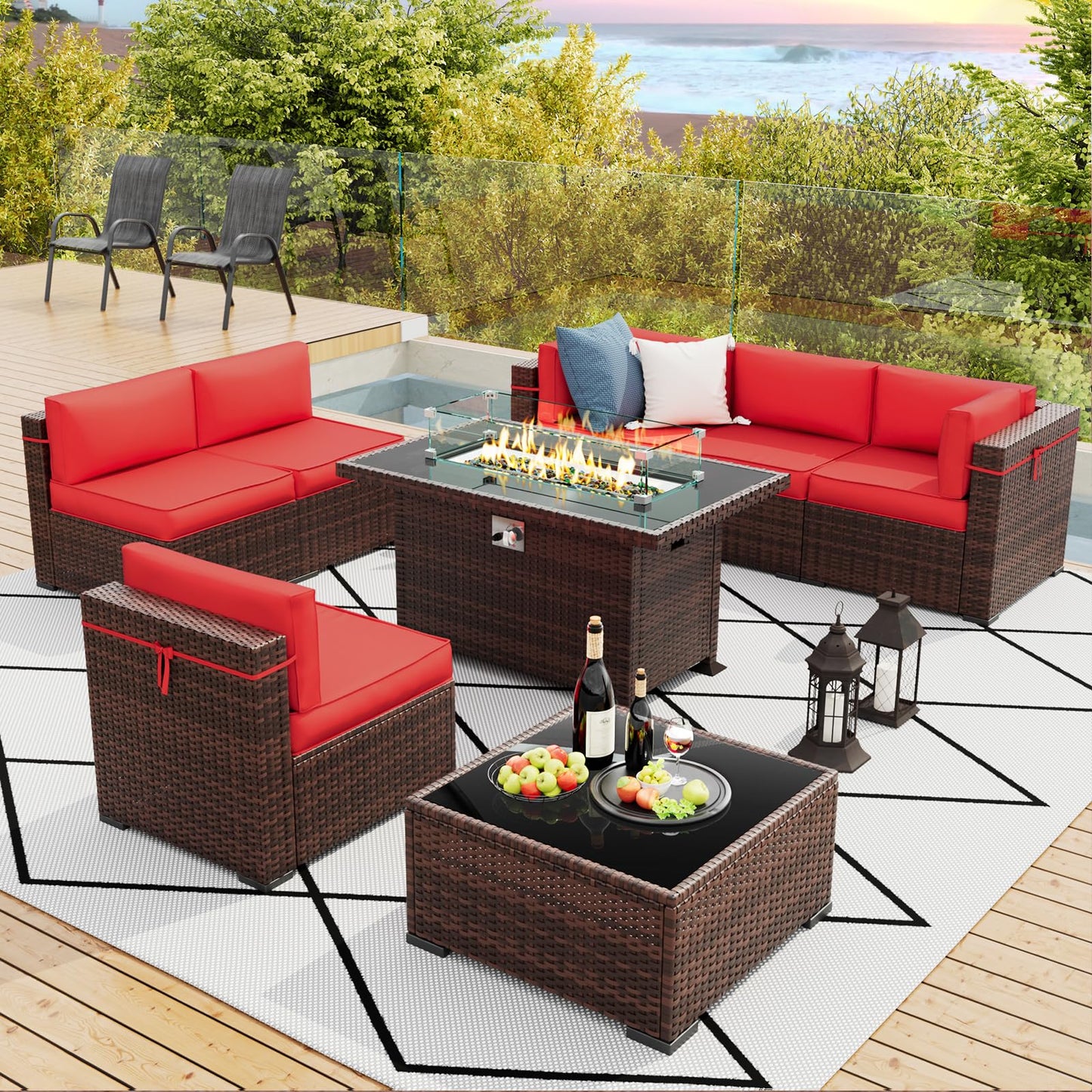 Amopatio Patio Furniture Sets, 7 Pieces Outdoor Rattan Sectional Sofa Set with Glass Table and Cushions, Wicker Patio Conversation Set for Outdoor Indoor Backyard Lawn Garden Porch (Grey)