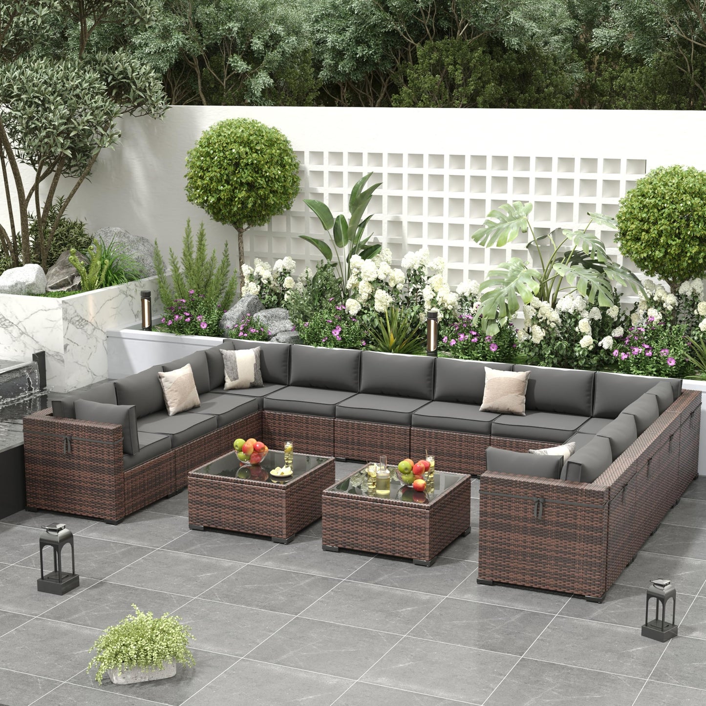 Amopatio Patio Furniture Sets, 7 Pieces Outdoor Rattan Sectional Sofa Set with Glass Table and Cushions, Wicker Patio Conversation Set for Outdoor Indoor Backyard Lawn Garden Porch (Grey)