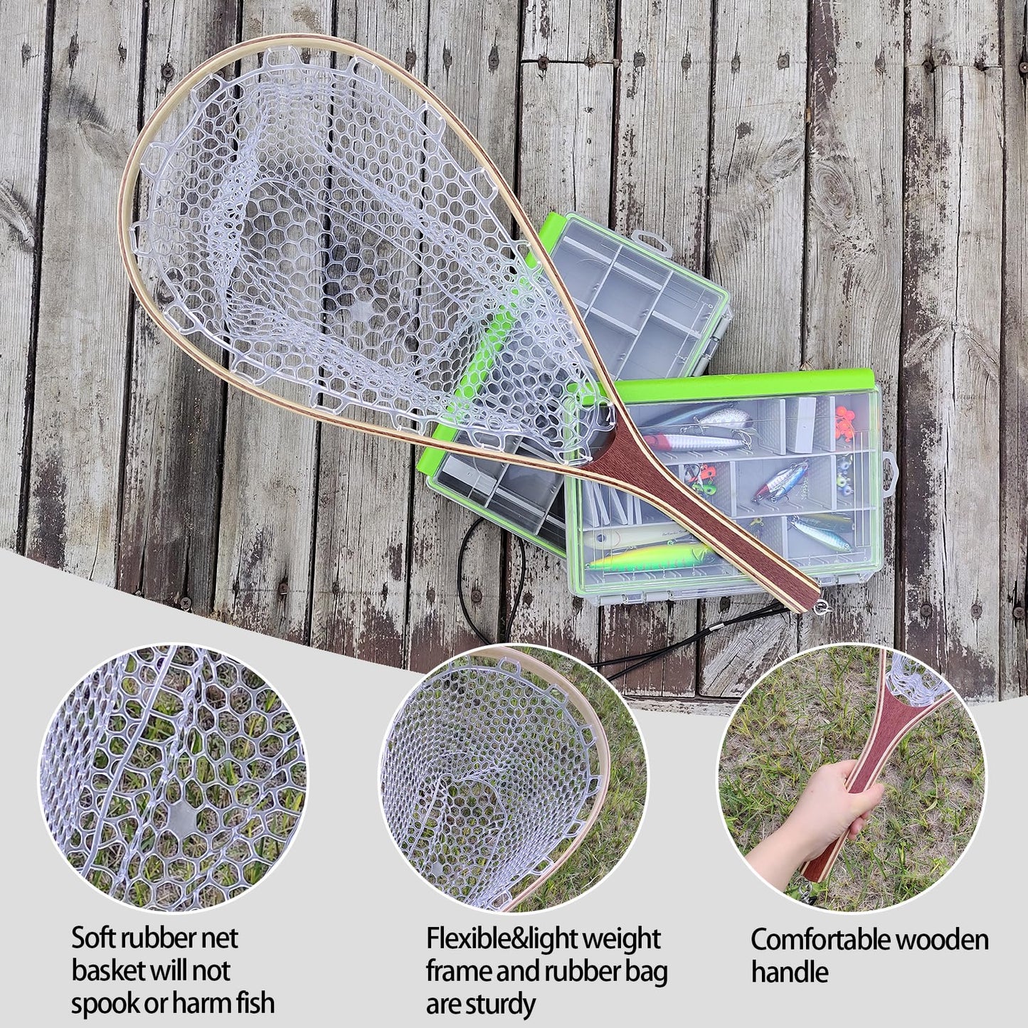 Aventik Wooden Fly Fishing Landing Net with Rubber Ghost Mesh and Magnetic Release - Catch & Release Friendly