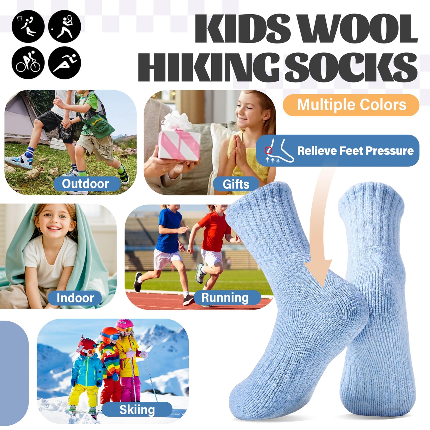 Anlisim Kids Merino Wool Hiking Socks Boys Girls Toddlers Thermal Winter Warm Boot Thick Cushion Gift Socks 6 Pairs