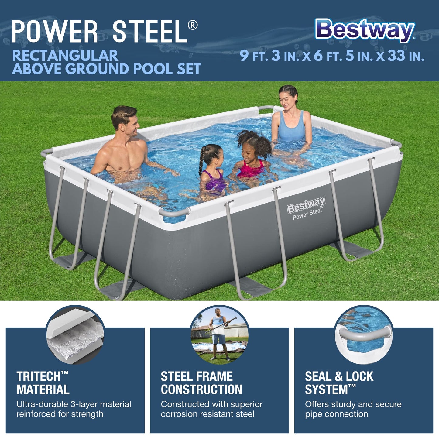 Bestway: Power Steel 9'3" x 6'5" x 33" Above Ground Pool Set - 937 Gallons, Rectangular Outdoor Family Pool, Corrosion & Puncture Resistant, Includes ChemConnect Dispenser, Filter & Pump