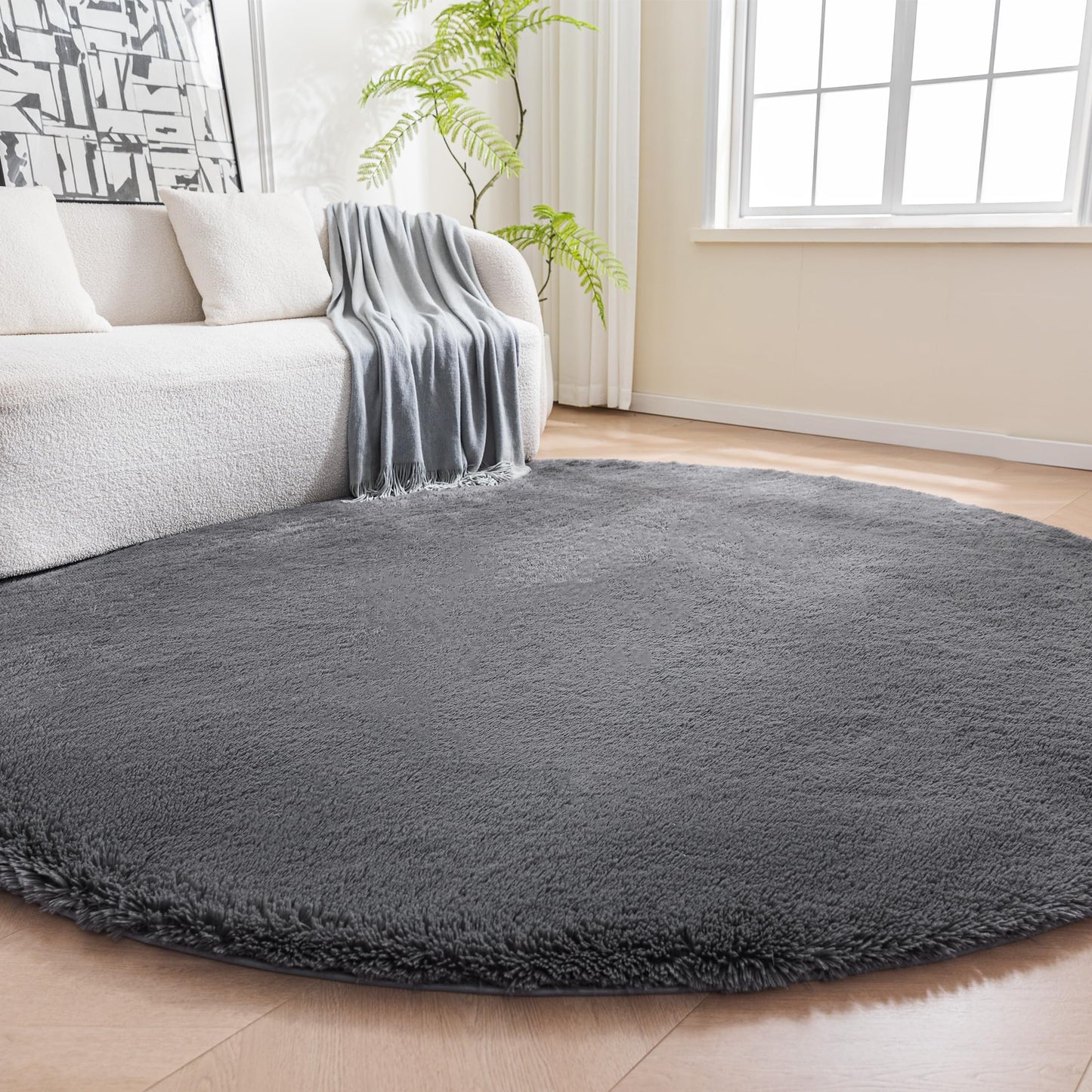 Amazon Basics Fluffy Washable Round Area Rug, Circle Shaggy Carpet for Living Room, Bedroom, Nursery, 6'R, Dark Gray