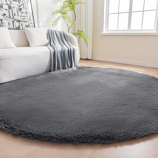 Amazon Basics Fluffy Washable Round Area Rug, Circle Shaggy Carpet for Living Room, Bedroom, Nursery, 6'R, Dark Gray