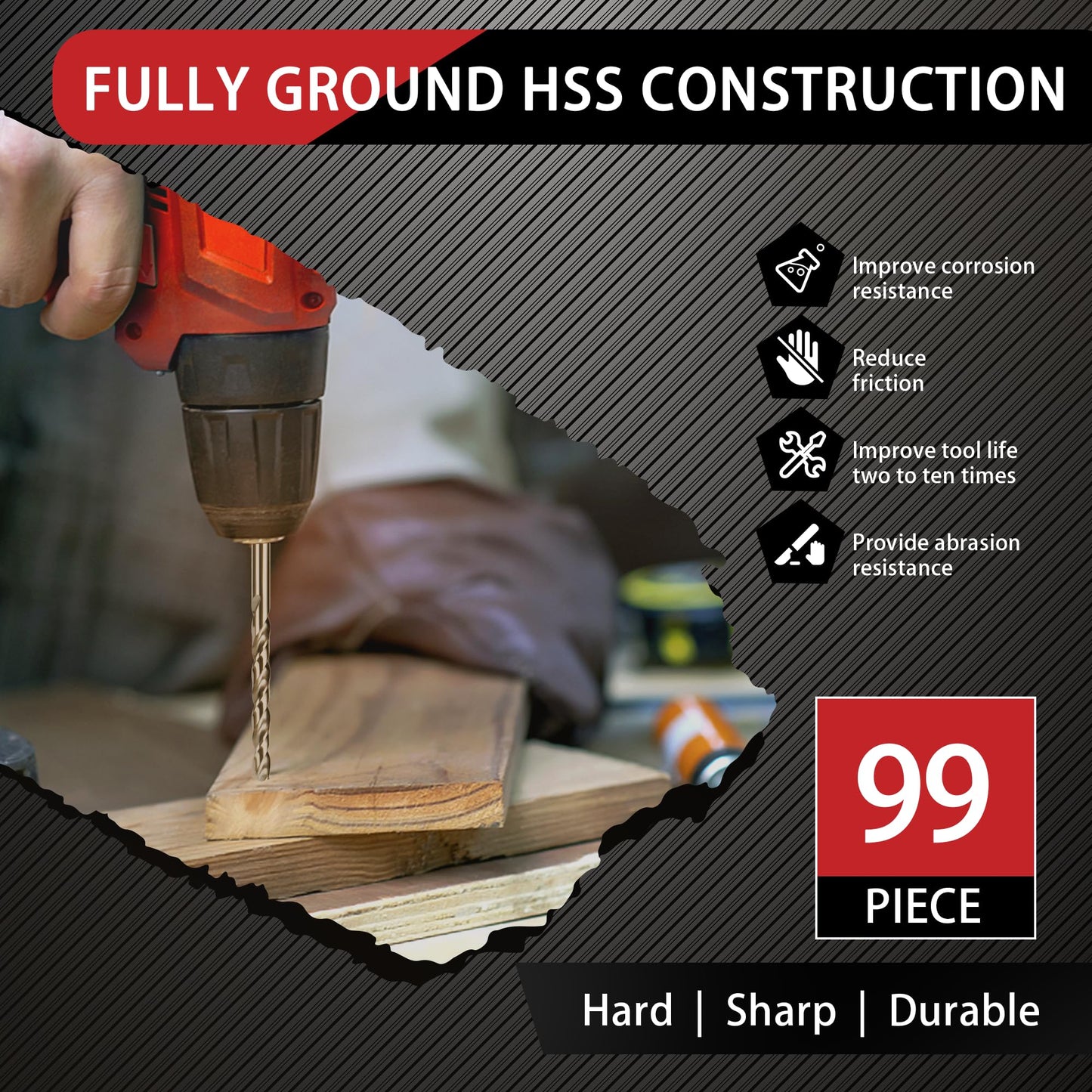 99PC Drill Bit Set, 135° Tip Titanium Coated High Speed Steel, Twist Drill Bit Kit for Iron, Aluminum Alloy, Copper, Wood, Plastic, with Storage Case 1/16"-3/8"