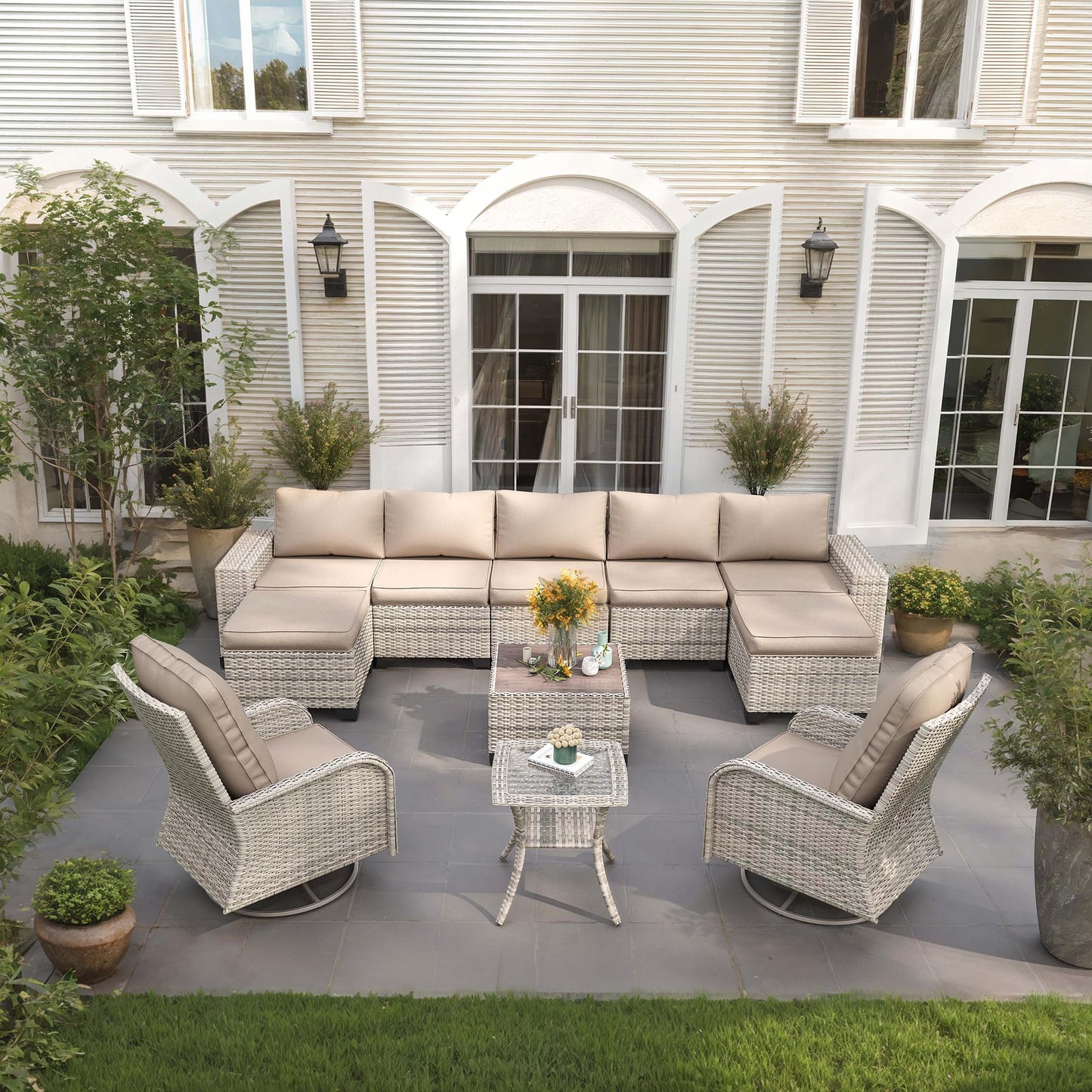 6-Piece Outdoor Patio Furniture Set Wicker Sectional Sofa Set, Patio Conversation Set with Thickened Cushions & Coffee Table for Garden, Backyard, Poolside, Beige