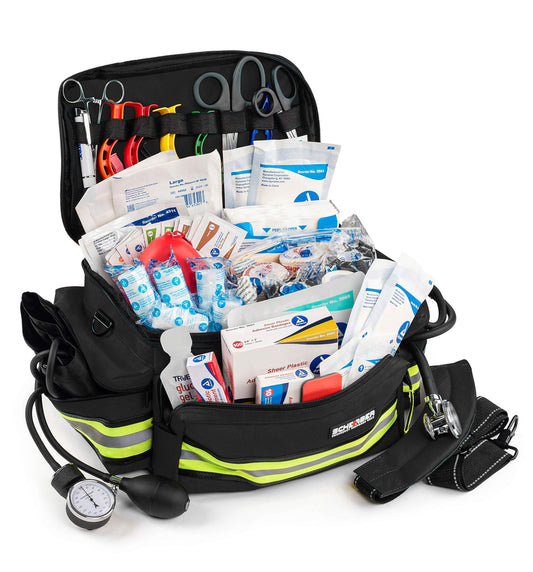 Scherber First Responder Fully-Stocked Professional Essentials EMT/EMS Trauma Kit | HSA/FSA Approved | Reflective Bag w/8 Zippered Pockets & Compartments & 200+ First Aid Supplies - Red