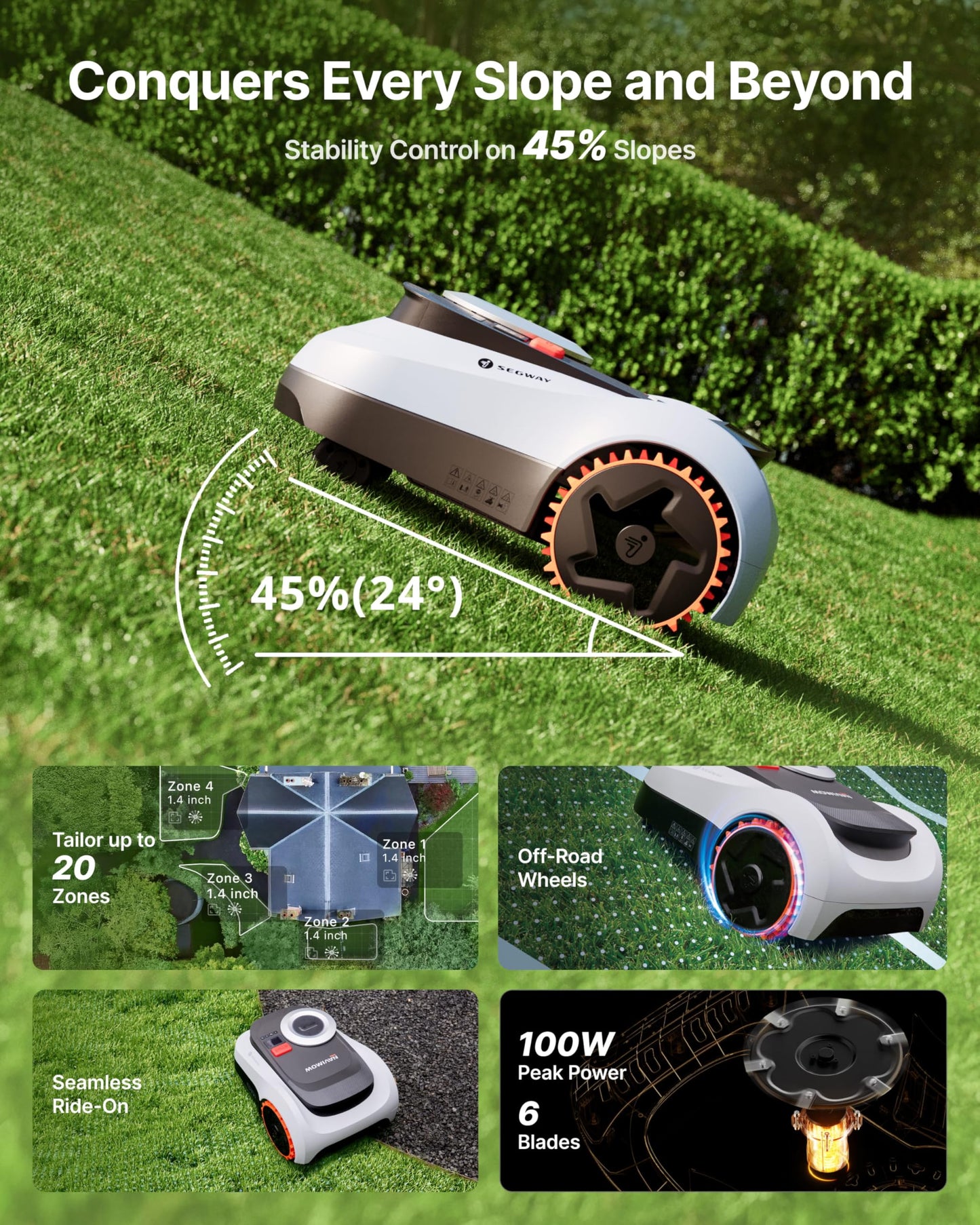 Segway Navimow i215 LiDAR Robot Lawn Mower, Wire Free Robotic Lawn Mower for 0.37 Acre, LiDAR & Vision Dual Fusion, Auto Mapping, Off-Road Wheels for 45% Slopes, Quiet 59 dB(A) Mowing