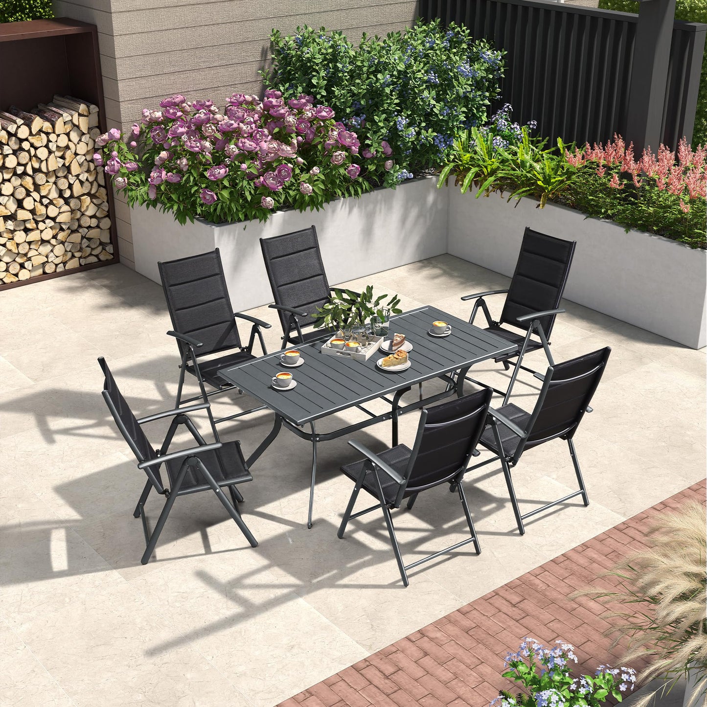 PURPLE LEAF 9 Pieces Outdoor Patio Dining Set with 8 Folding Portable Chairs and 1 Rectangle Aluminum Table, Foldable Adjustable High Back Reclining Chairs with Soft Cotton-Padded Seat, Grey