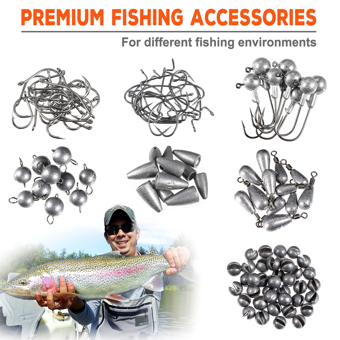 PLUSINNO 264/397pcs Fishing Accessories Kit, Organized Fishing Tackle Box with Tackle Included, Fishing Hooks, Fishing Weights Sinkers, Swivels, Beads, Fishing Gear Set Equipment for Bass Trout