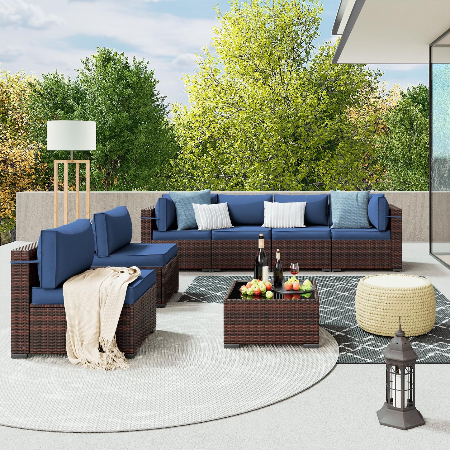Amopatio Patio Furniture Sets, 7 Pieces Outdoor Rattan Sectional Sofa Set with Glass Table and Cushions, Wicker Patio Conversation Set for Outdoor Indoor Backyard Lawn Garden Porch (Grey)