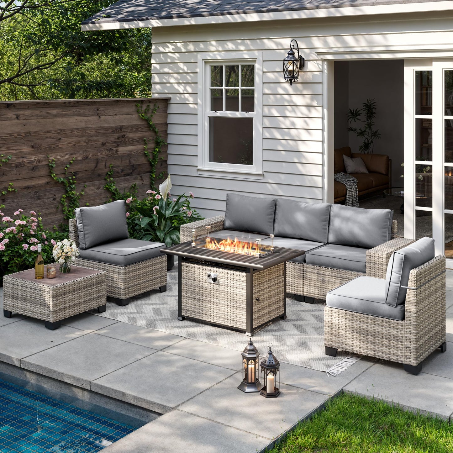 6-Piece Outdoor Patio Furniture Set Wicker Sectional Sofa Set, Patio Conversation Set with Thickened Cushions & Coffee Table for Garden, Backyard, Poolside, Beige