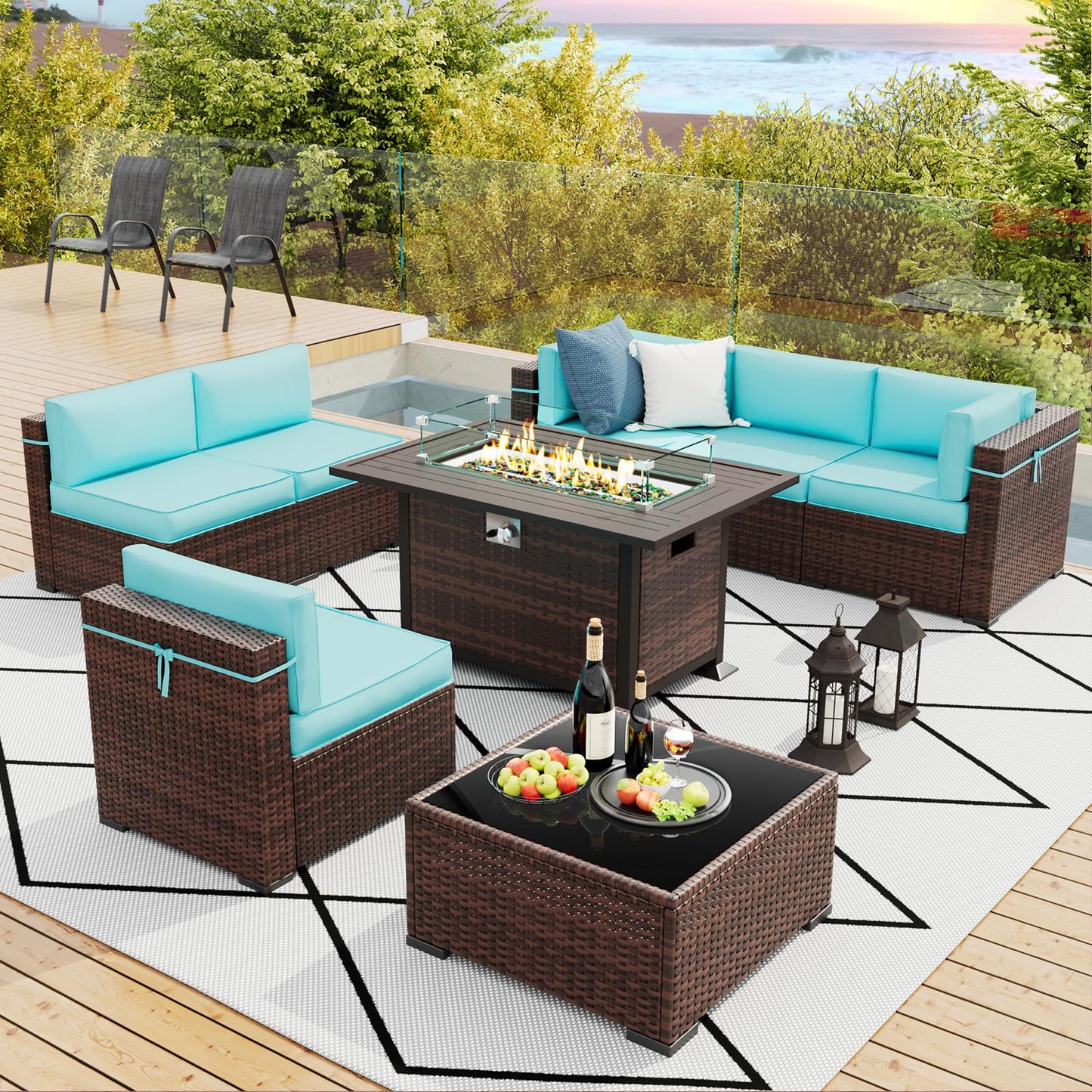 Amopatio Patio Furniture Sets, 7 Pieces Outdoor Rattan Sectional Sofa Set with Glass Table and Cushions, Wicker Patio Conversation Set for Outdoor Indoor Backyard Lawn Garden Porch (Grey)