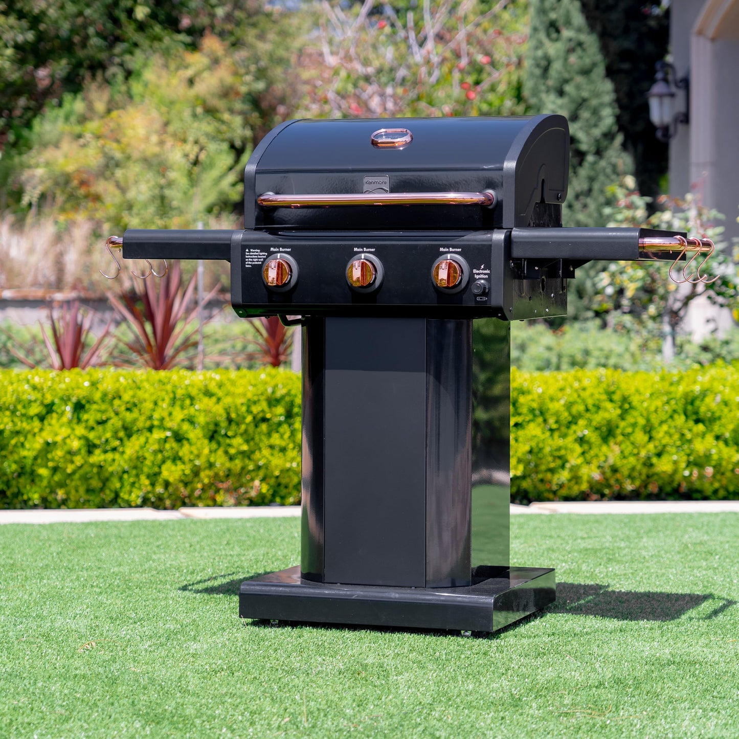 Kenmore 3-Burner Propane BBQ Grill, 30,000 BTUs Gas Grill with Cast Iron Cooking Grates, Folding Side Tables & Wheels, Outdoor Grill with Tool Hooks, Azure Blue