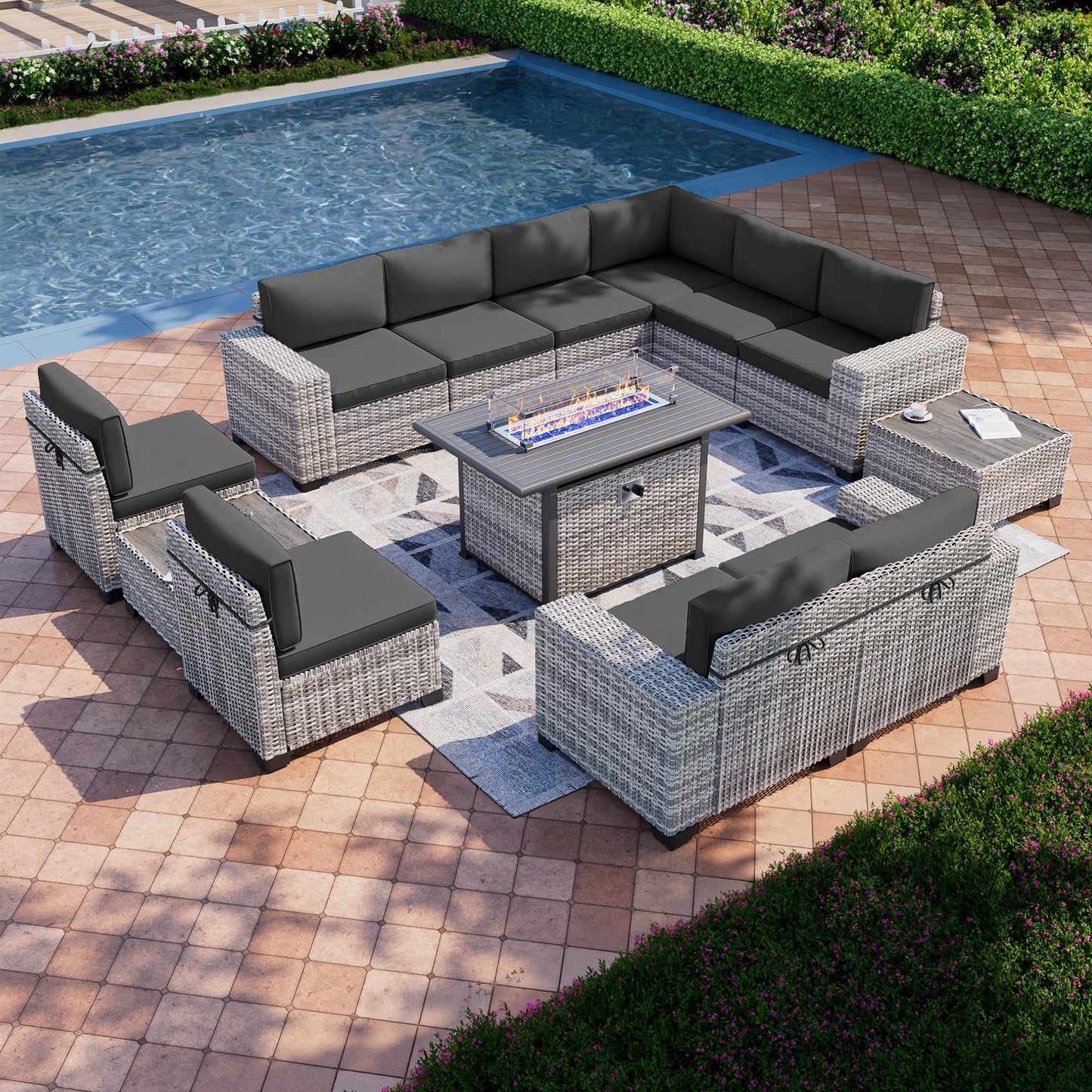 6-Piece Outdoor Patio Furniture Set Wicker Sectional Sofa Set, Patio Conversation Set with Thickened Cushions & Coffee Table for Garden, Backyard, Poolside, Beige