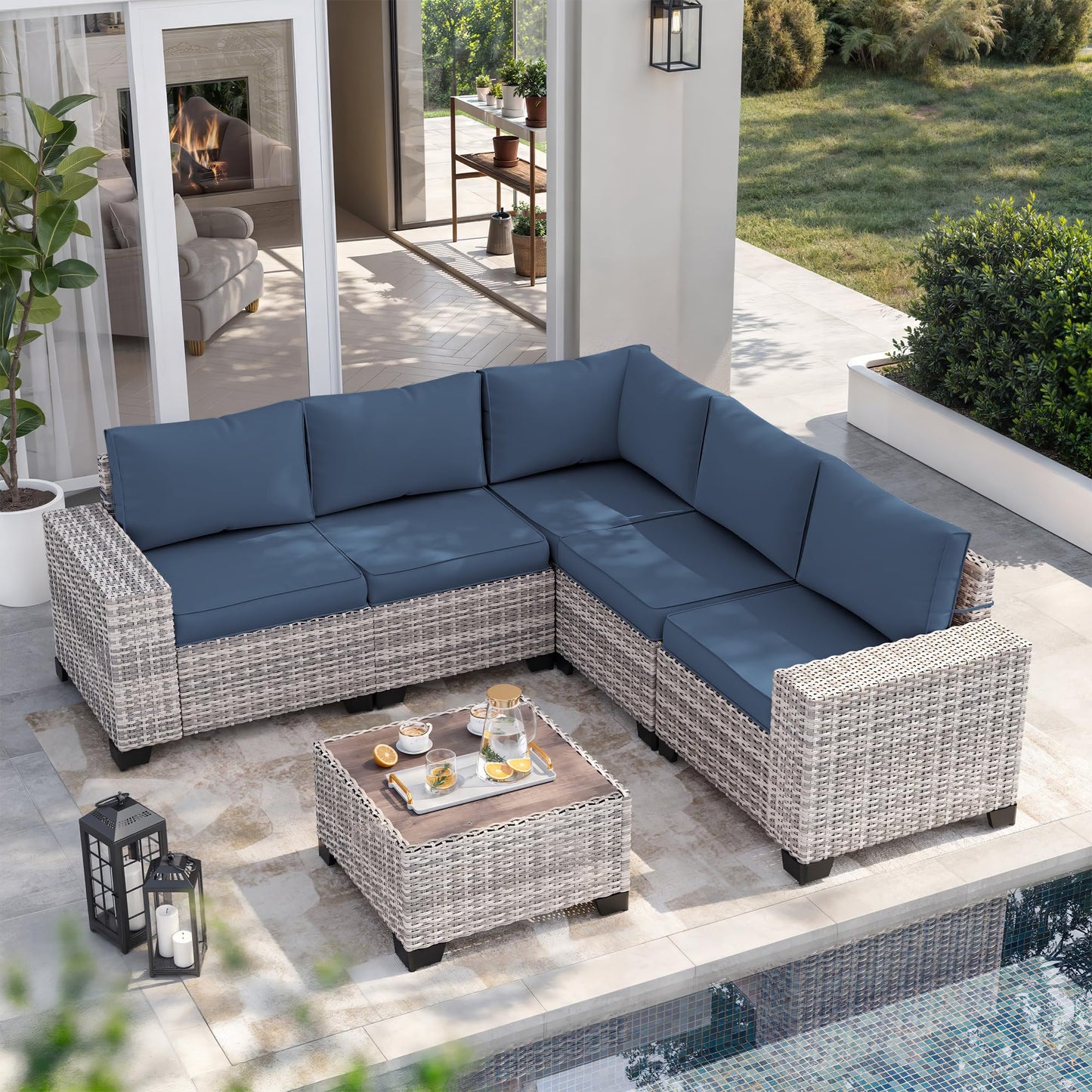 6-Piece Outdoor Patio Furniture Set Wicker Sectional Sofa Set, Patio Conversation Set with Thickened Cushions & Coffee Table for Garden, Backyard, Poolside, Beige