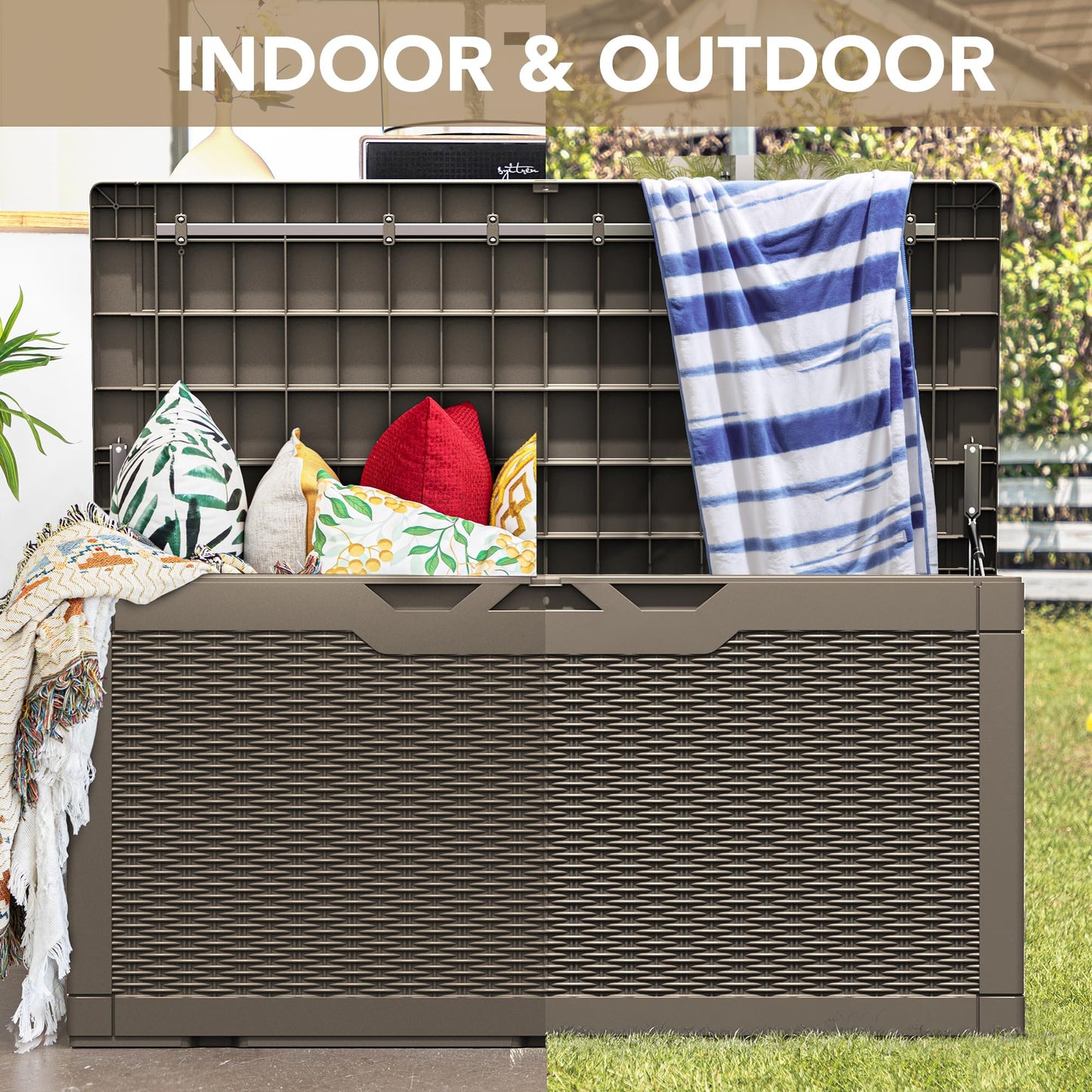 Devoko 100 Gallon Waterproof Large Resin Deck Box Indoor Outdoor Lockable Storage Container for Patio Furniture Cushions Garden Tools (100 Gallon, Black)