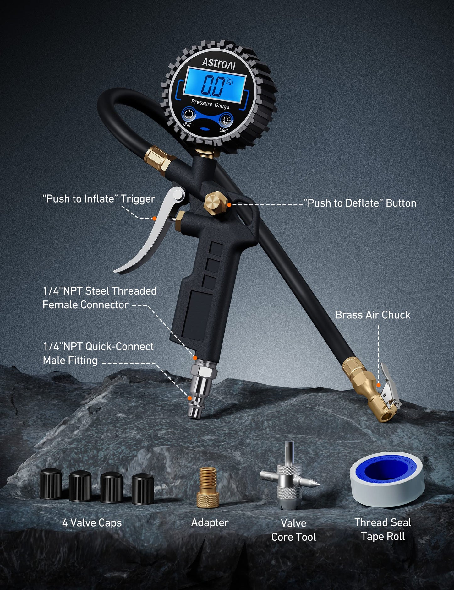 AstroAI Digital Tire Pressure Gauge with Inflator, 3-250 PSI Air Chuck & Compressor Accessories Heavy Duty with Quick Connect Coupler, 0.1 Display Resolution, 1pack