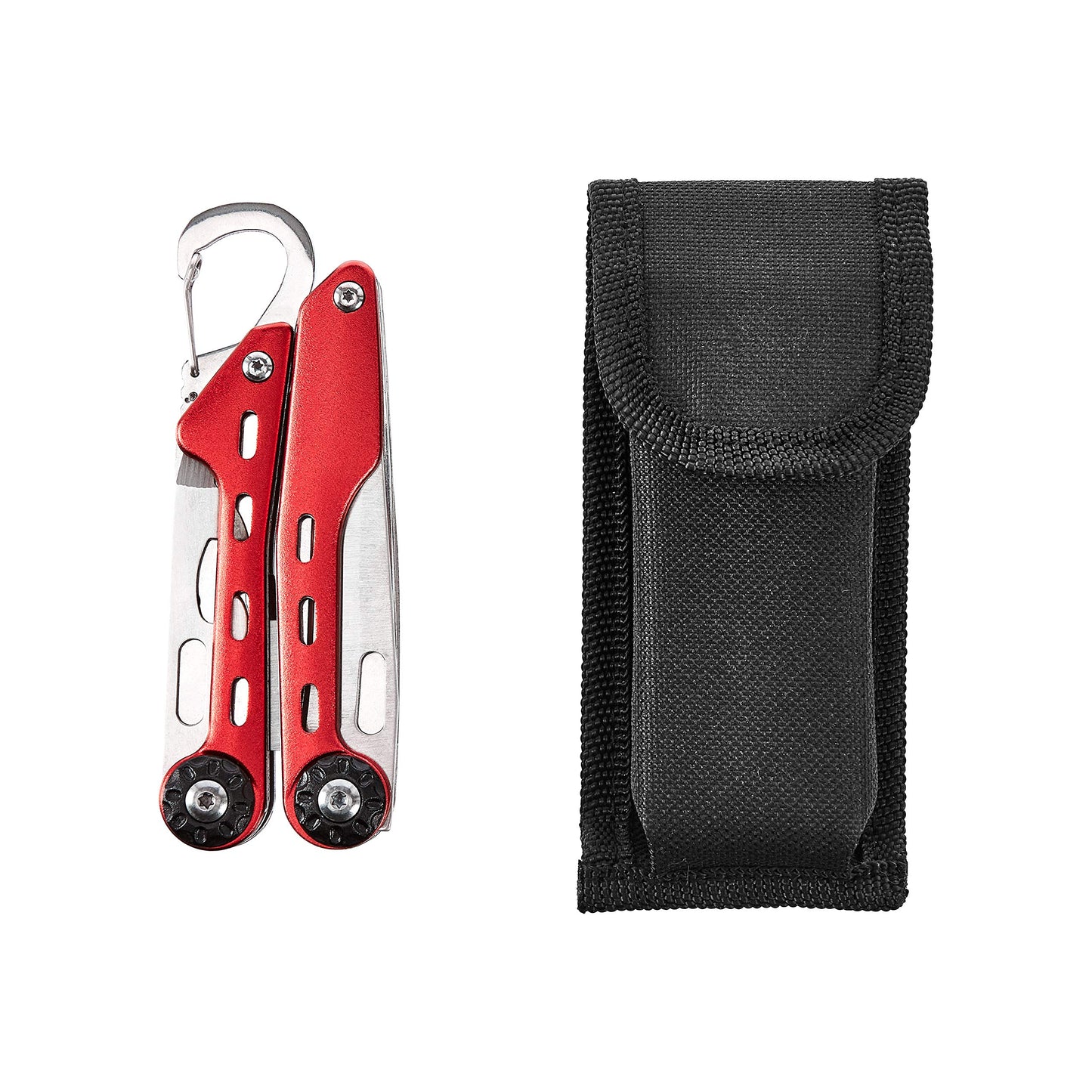 Amazon Basics 10-in-1 Stainless Steel Multitool for Hiking and Survival Gear with Needlenose Pliers, Wire Cutter, Saw, Safety Lock, Nylon Sheath, Red