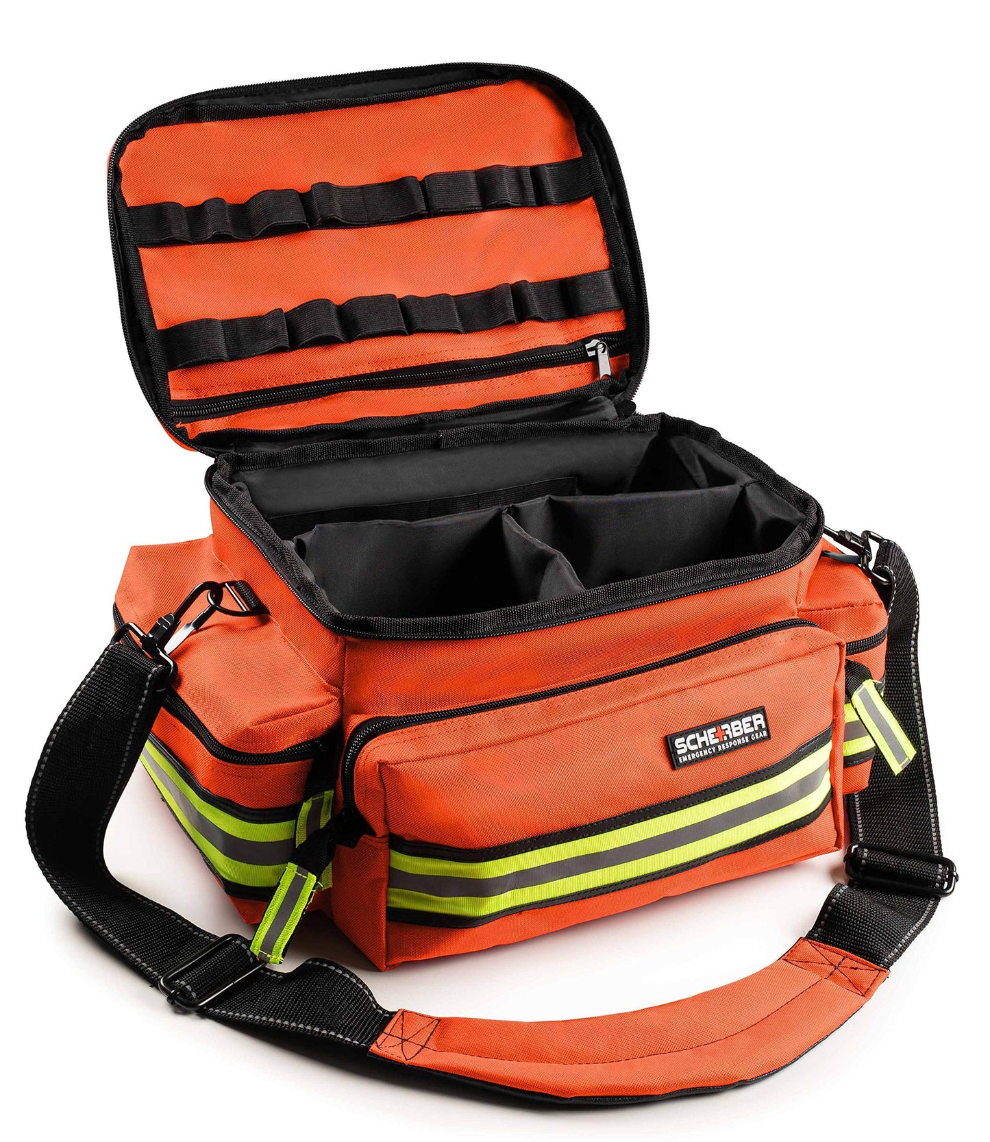 Scherber First Responder Fully-Stocked Professional Essentials EMT/EMS Trauma Kit | HSA/FSA Approved | Reflective Bag w/8 Zippered Pockets & Compartments & 200+ First Aid Supplies - Red