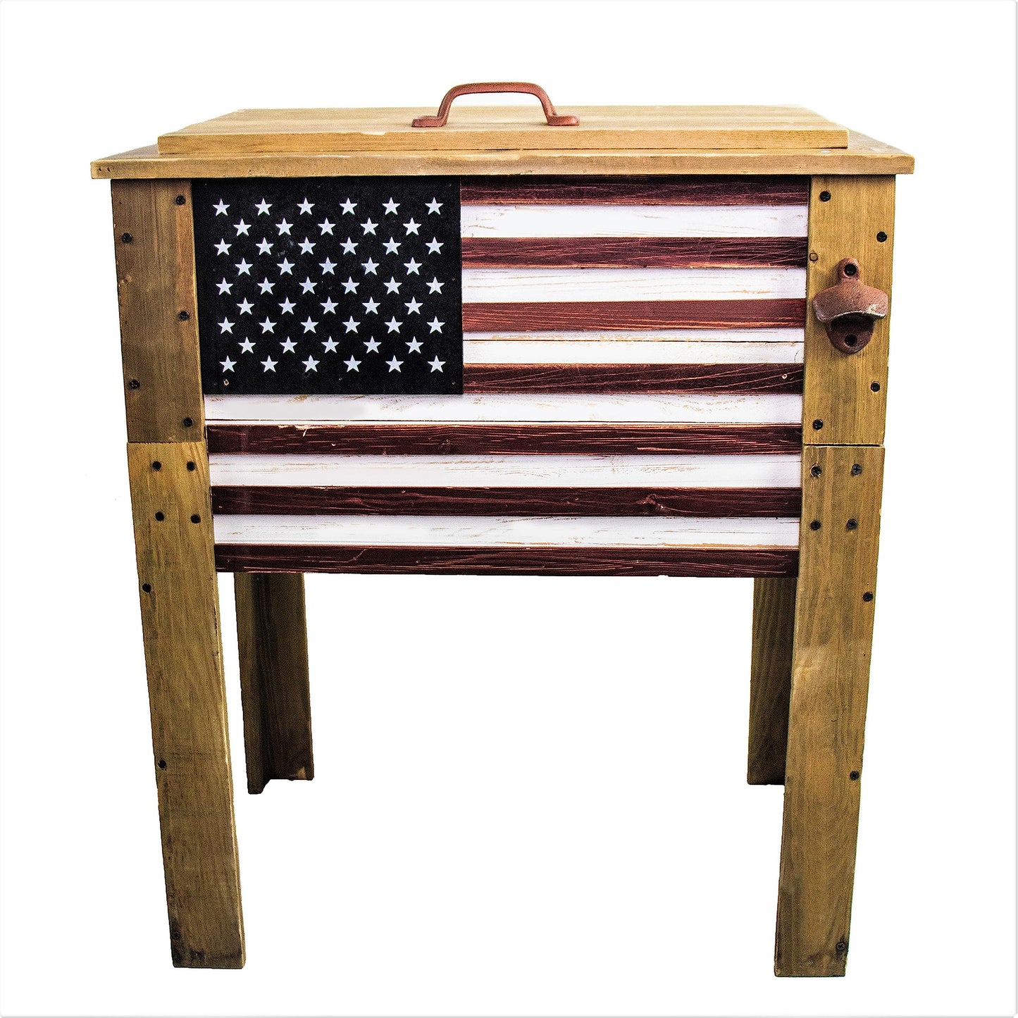 Backyard Expressions Wooden Patio Cooler with Plastic Insulated Liner & Bottle Opener – Rustic Outdoor Ice Chest for Deck, Porch, or Backyard Parties (2025 Flag)