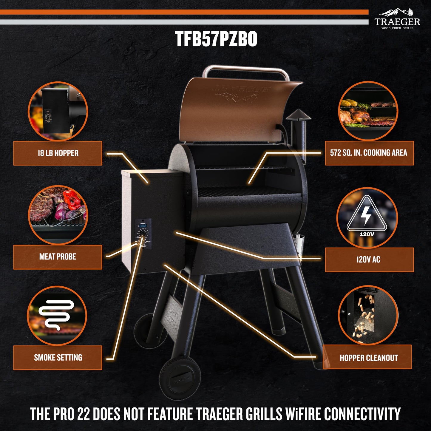 Traeger Grills Pro 22 Wood Pellet Grill & Smoker, Electric Pellet Smoker Grill Combo, 6-in-1 BBQ Versatility, 572 sq. in. Grilling Capacity, Meat Probe, 450 Degree Max Temperature, 18LB Hopper, Bronze
