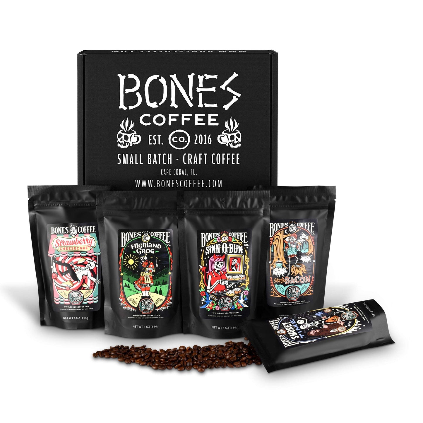 Bones Coffee Company World Tour Coffee Gift Set, 5 Packs Flavored Coffee, Medium Roast Low Acid, 4 Oz Ground