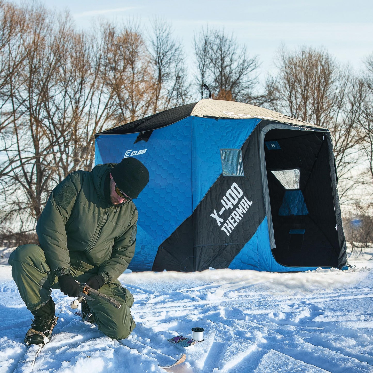 CLAM Portable Fishing Angler Thermal Hub Shelter Tent with Anchor Straps, Carrying Bag