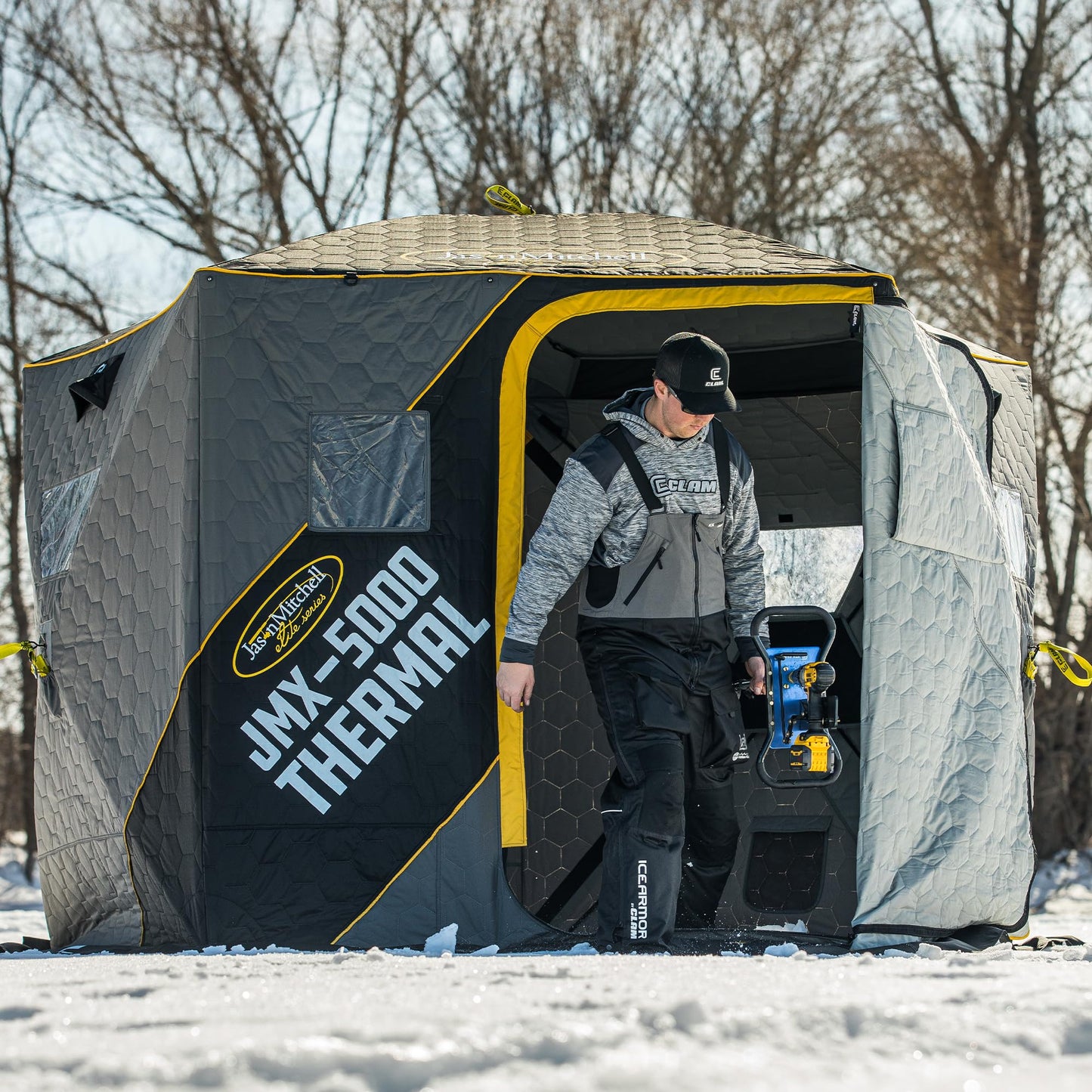 CLAM Portable Fishing Angler Thermal Hub Shelter Tent with Anchor Straps, Carrying Bag